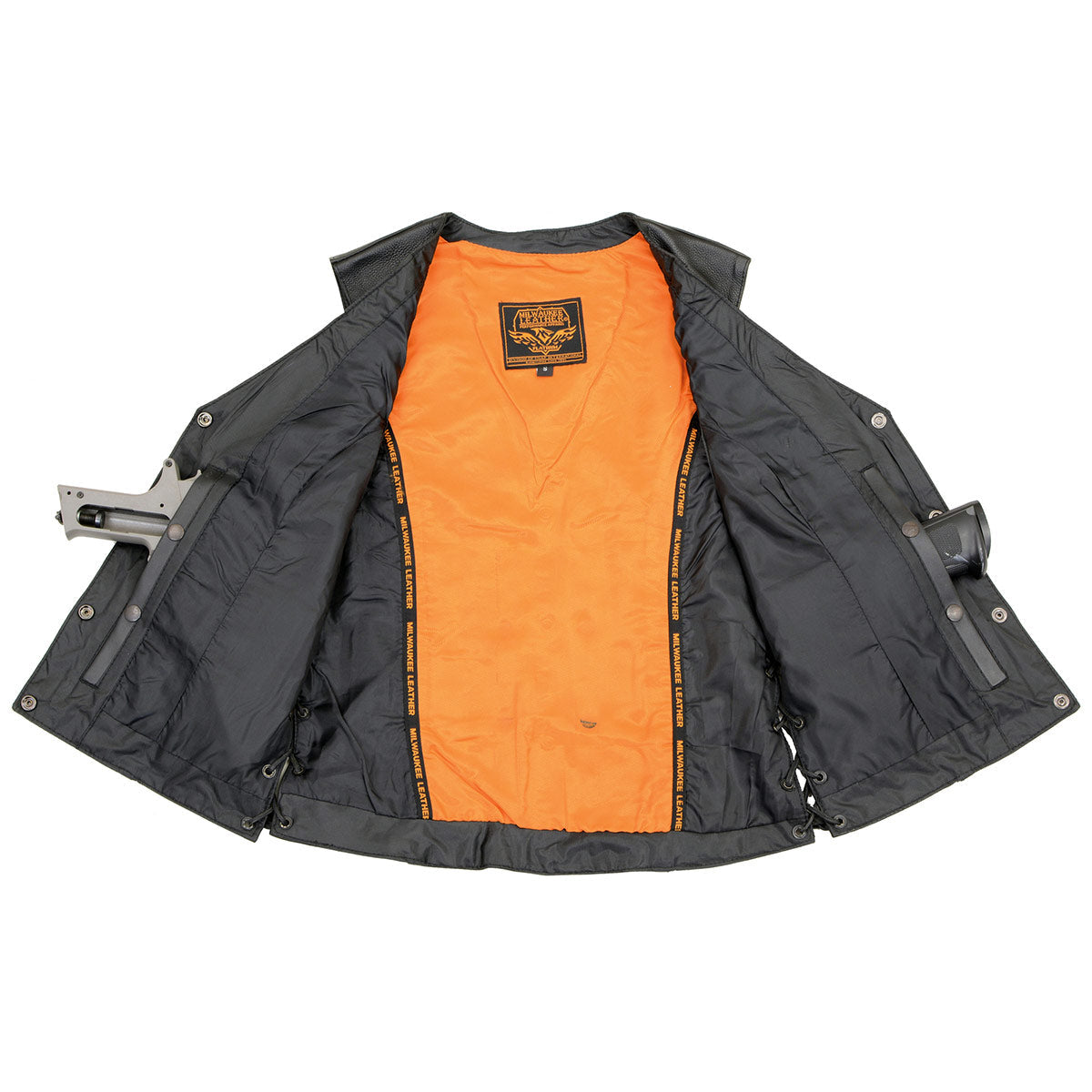 MLL4500 Women's Classic Black Leather V-Neck Motorcycle Rider Vest w/ Side Laces