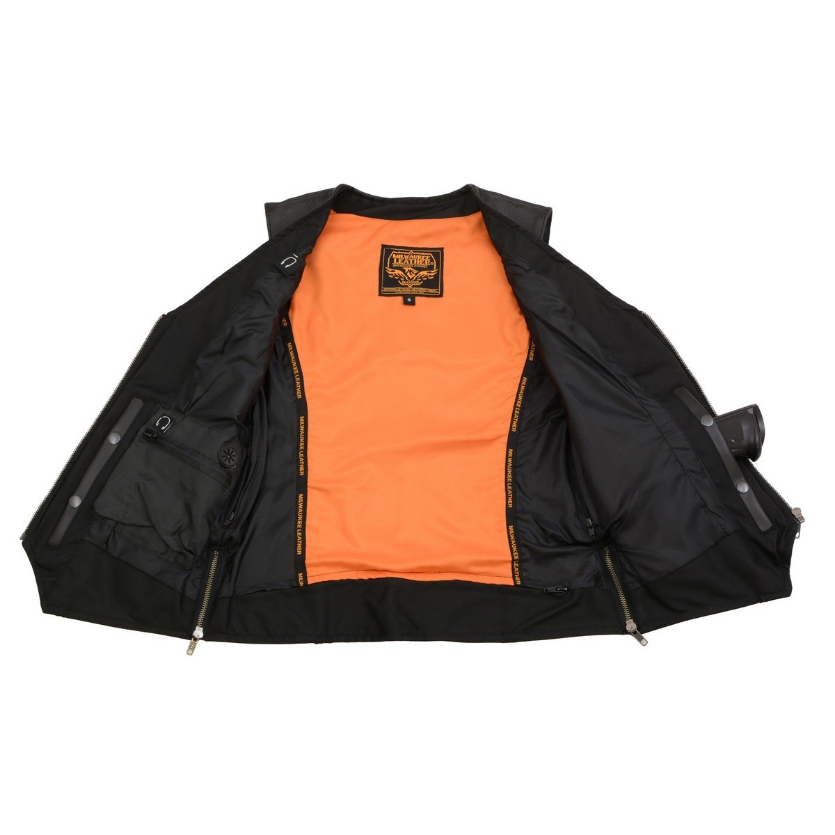 MLL4502 Women's Black Leather Classic V-Neck Motorcycle Rider Vest with Rhinestone Bling Detail