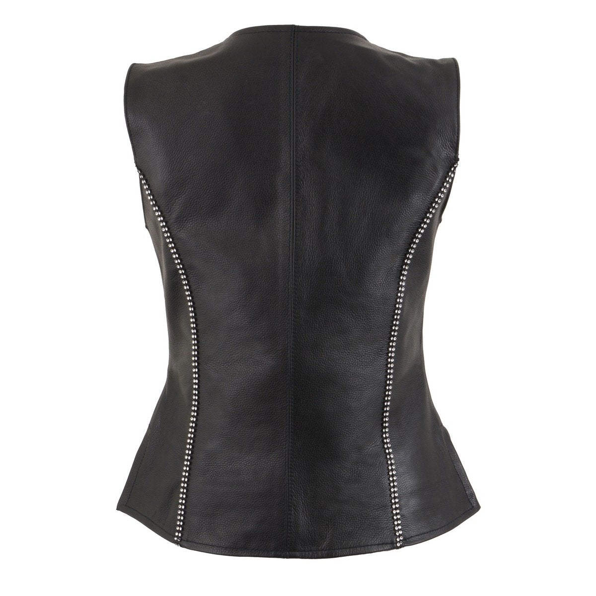 MLL4502 Women's Black Leather Classic V-Neck Motorcycle Rider Vest with Rhinestone Bling Detail
