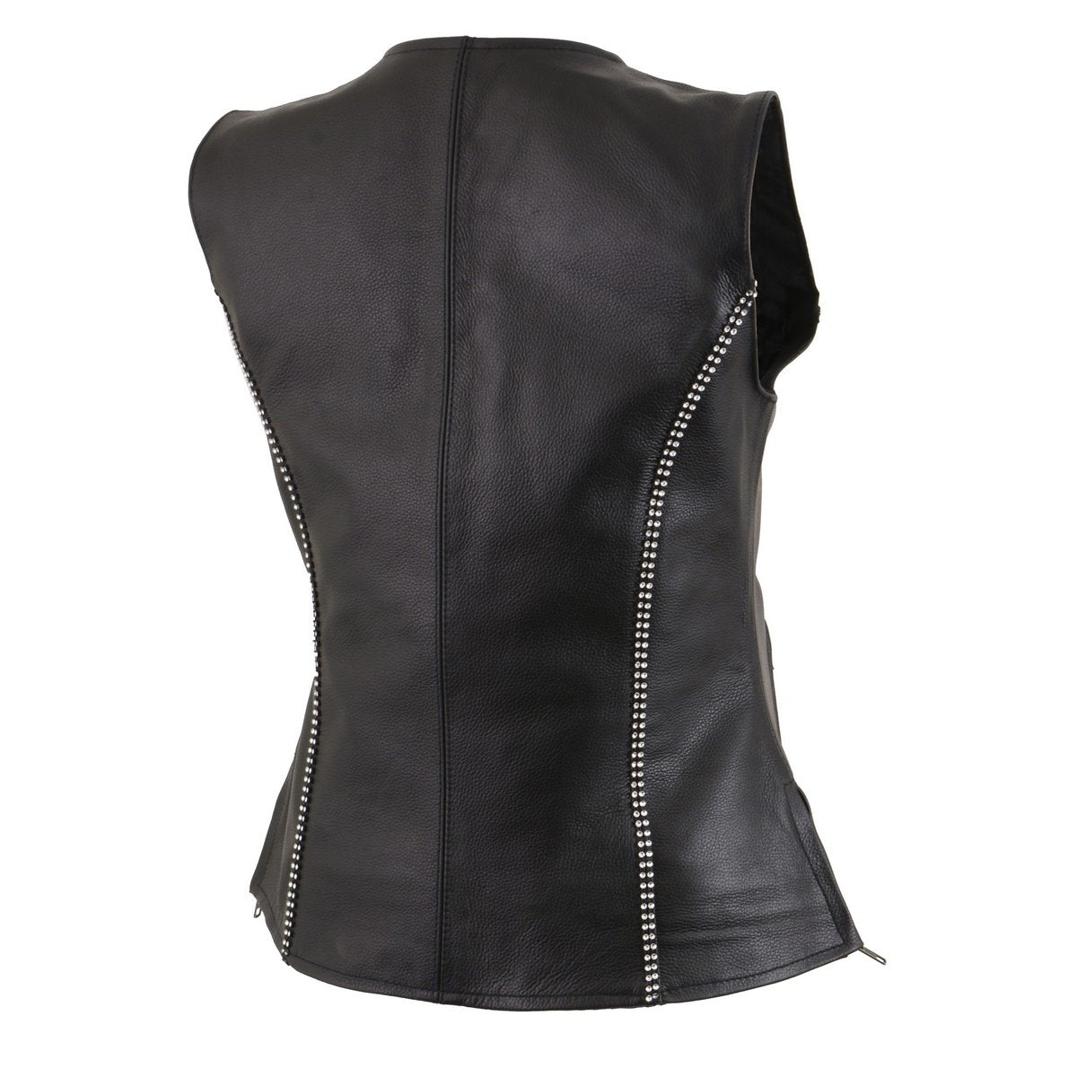 MLL4502 Women's Black Leather Classic V-Neck Motorcycle Rider Vest with Rhinestone Bling Detail