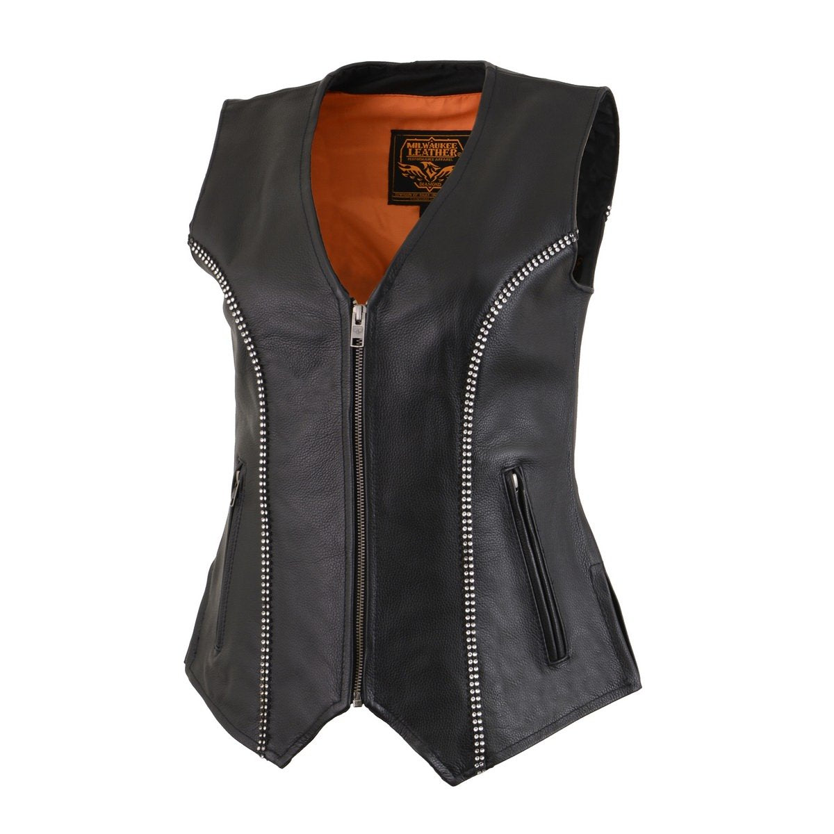 MLL4502 Women's Black Leather Classic V-Neck Motorcycle Rider Vest with Rhinestone Bling Detail