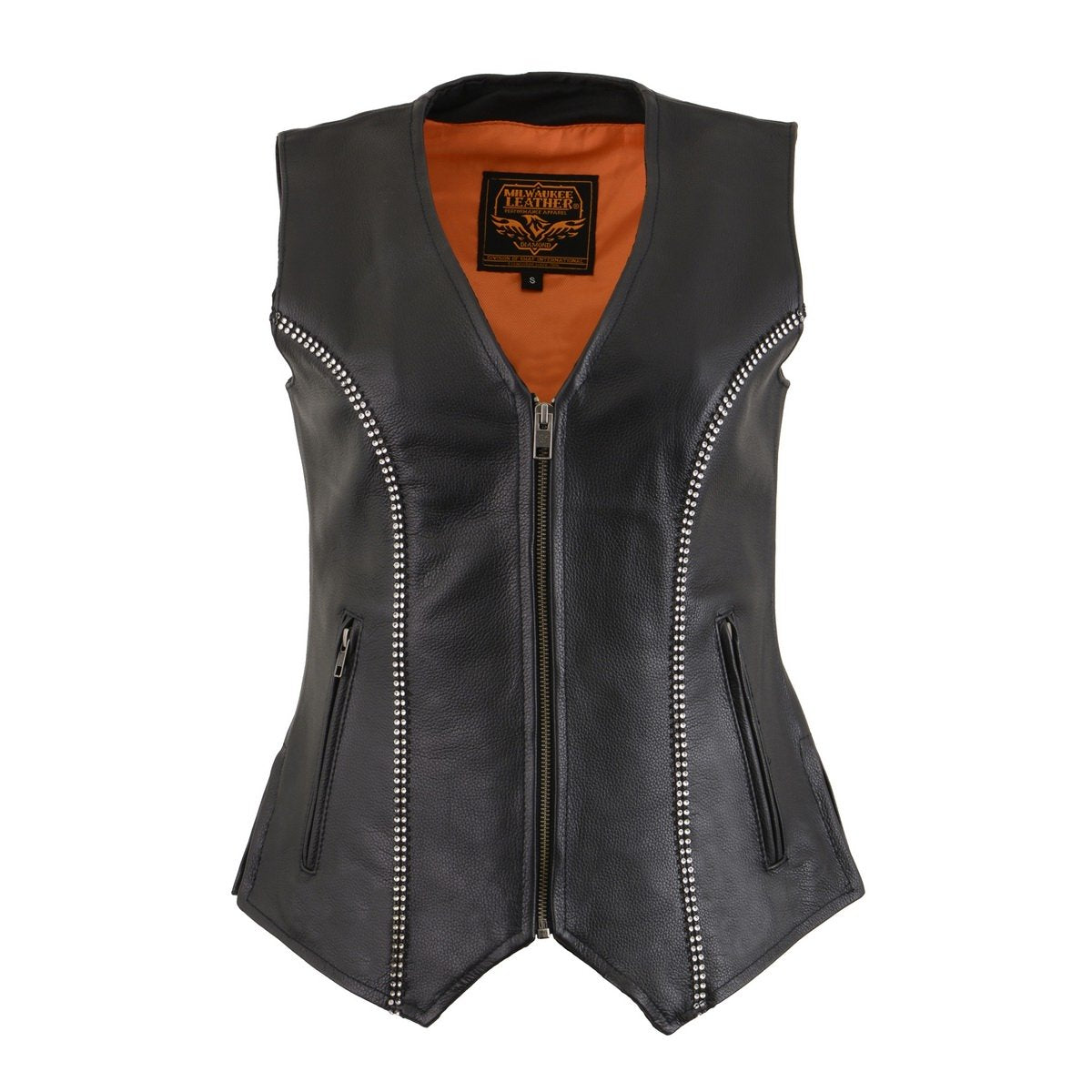 MLL4502 Women's Black Leather Classic V-Neck Motorcycle Rider Vest with Rhinestone Bling Detail