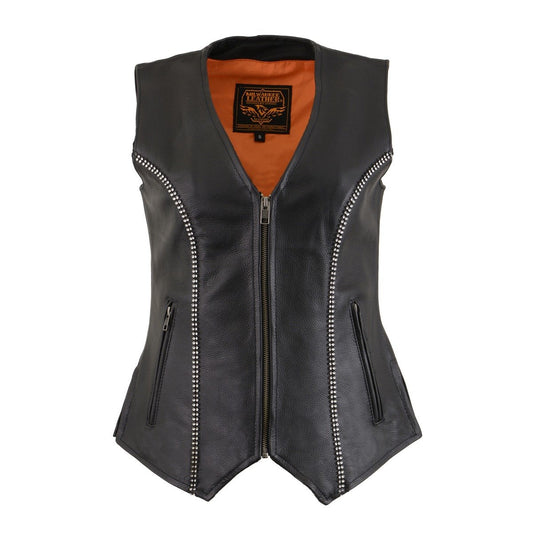 MLL4502 Women's Black Leather Classic V-Neck Motorcycle Rider Vest with Rhinestone Bling Detail