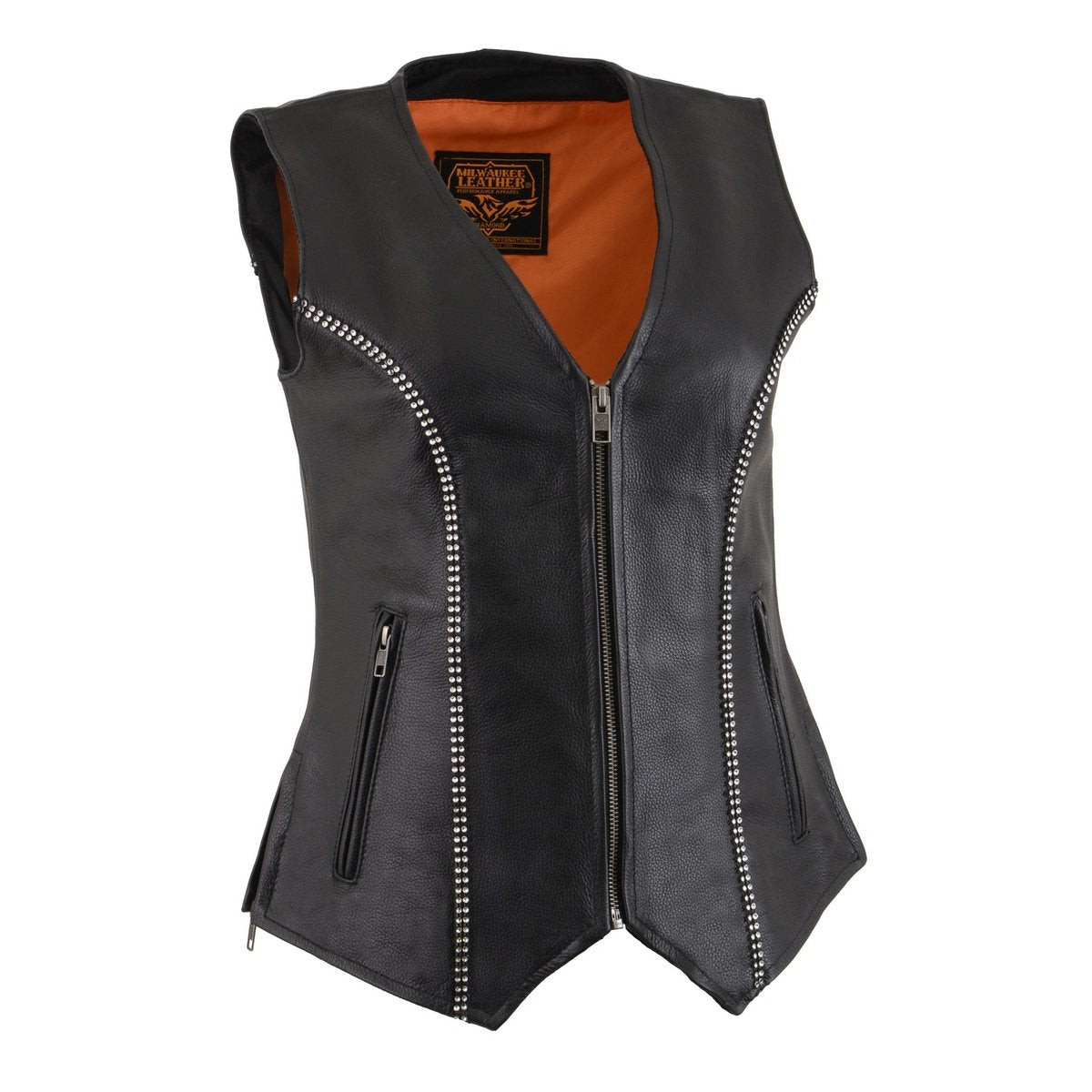 MLL4502 Women's Black Leather Classic V-Neck Motorcycle Rider Vest with Rhinestone Bling Detail