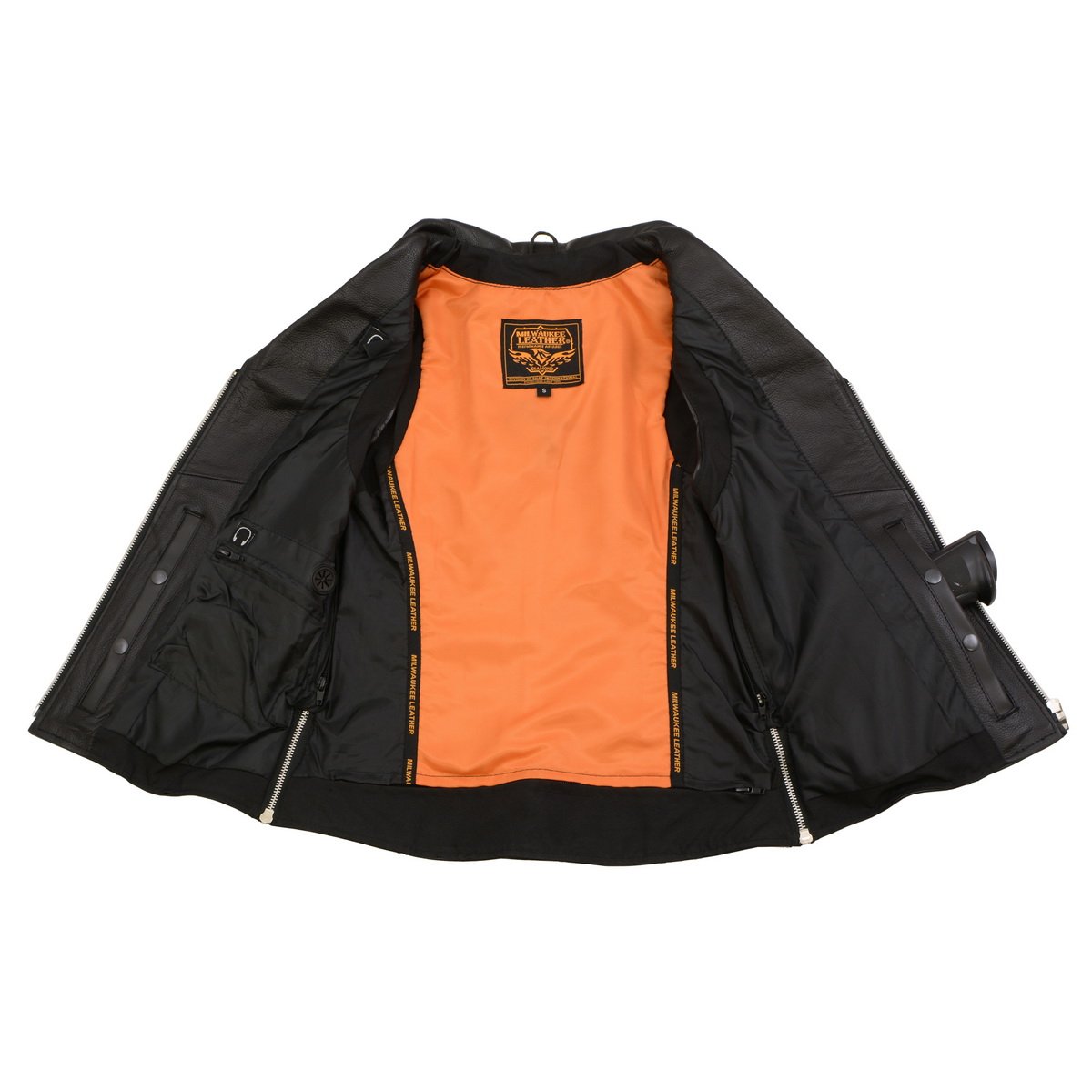 MLL4503 Women's Black V-Neck Leather Classic Motorcycle Rider Vest w/ Riveted Lapel Collar