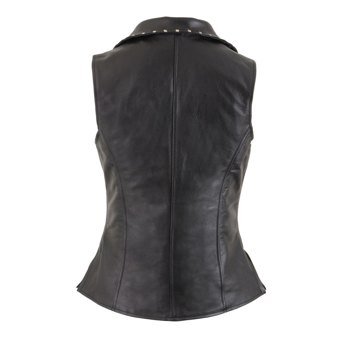 MLL4503 Women's Black V-Neck Leather Classic Motorcycle Rider Vest w/ Riveted Lapel Collar