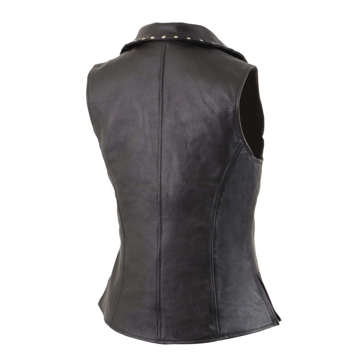 MLL4503 Women's Black V-Neck Leather Classic Motorcycle Rider Vest w/ Riveted Lapel Collar