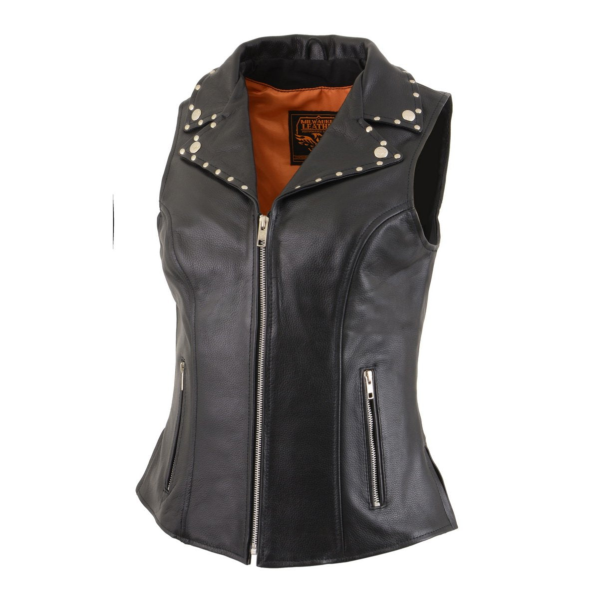 MLL4503 Women's Black V-Neck Leather Classic Motorcycle Rider Vest w/ Riveted Lapel Collar