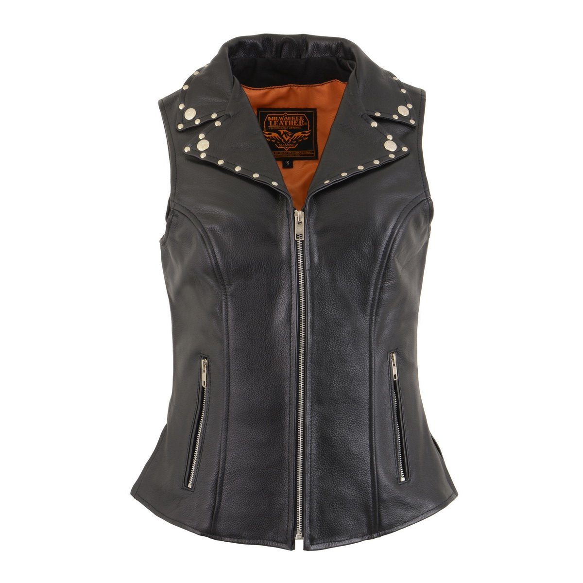 MLL4503 Women's Black V-Neck Leather Classic Motorcycle Rider Vest w/ Riveted Lapel Collar