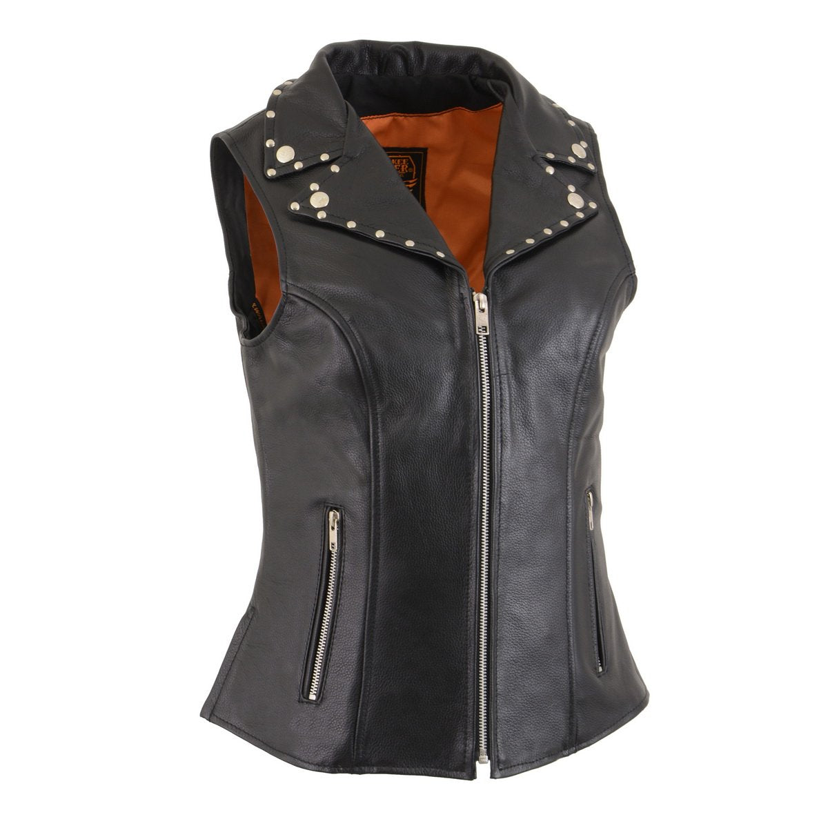 MLL4503 Women's Black V-Neck Leather Classic Motorcycle Rider Vest w/ Riveted Lapel Collar
