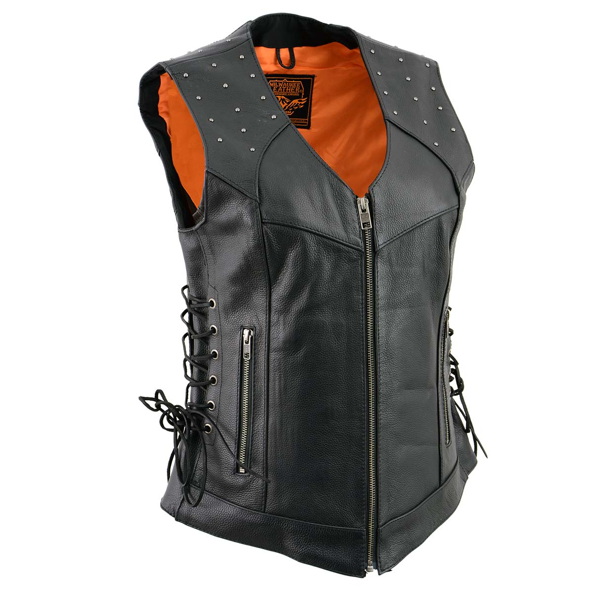 MLL4504 Women's Classic Black Leather V-Neck Riveted Motorcycle Rider Vest with Side Lace