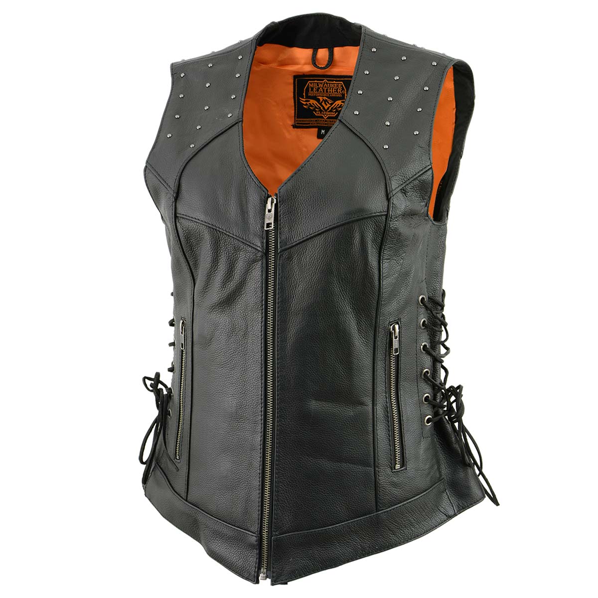 MLL4504 Women's Classic Black Leather V-Neck Riveted Motorcycle Rider Vest with Side Lace