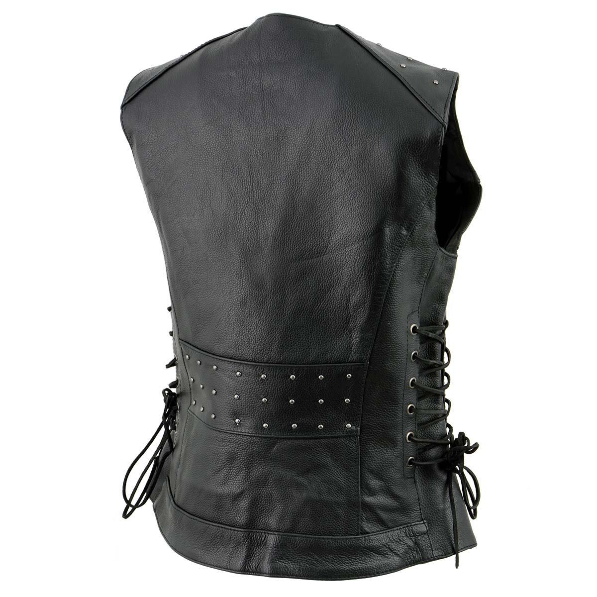 MLL4504 Women's Classic Black Leather V-Neck Riveted Motorcycle Rider Vest with Side Lace
