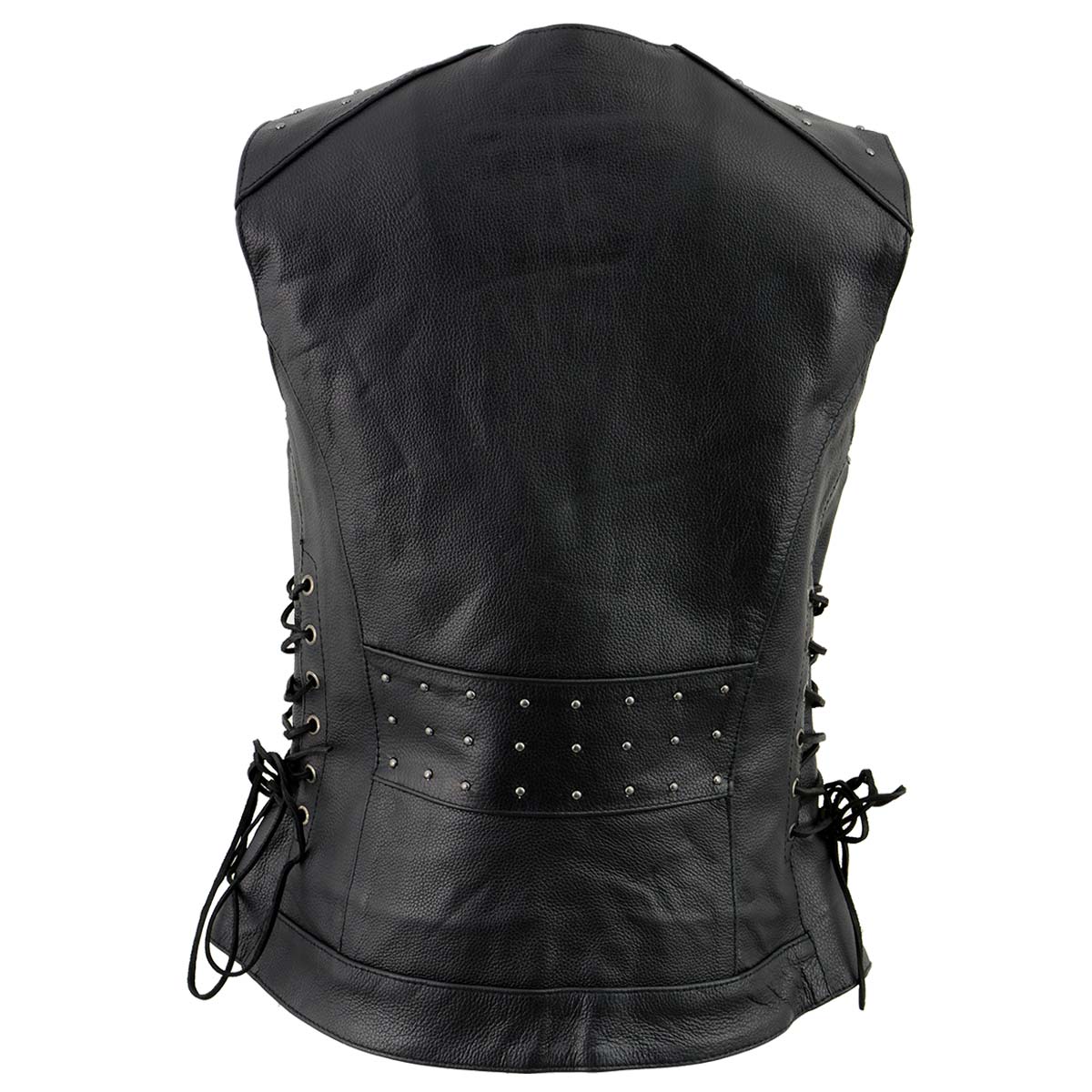 MLL4504 Women's Classic Black Leather V-Neck Riveted Motorcycle Rider Vest with Side Lace