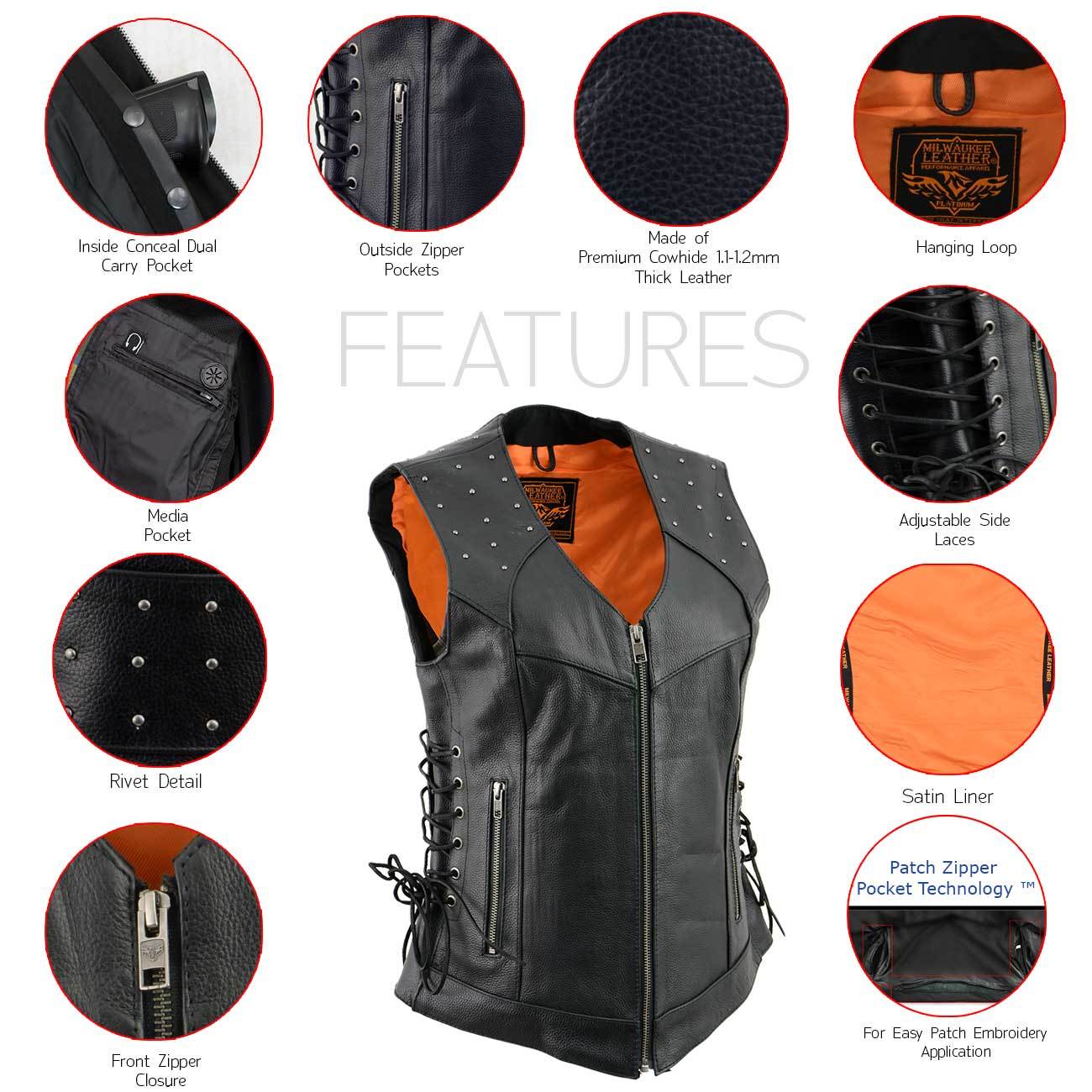 MLL4504 Women's Classic Black Leather V-Neck Riveted Motorcycle Rider Vest with Side Lace