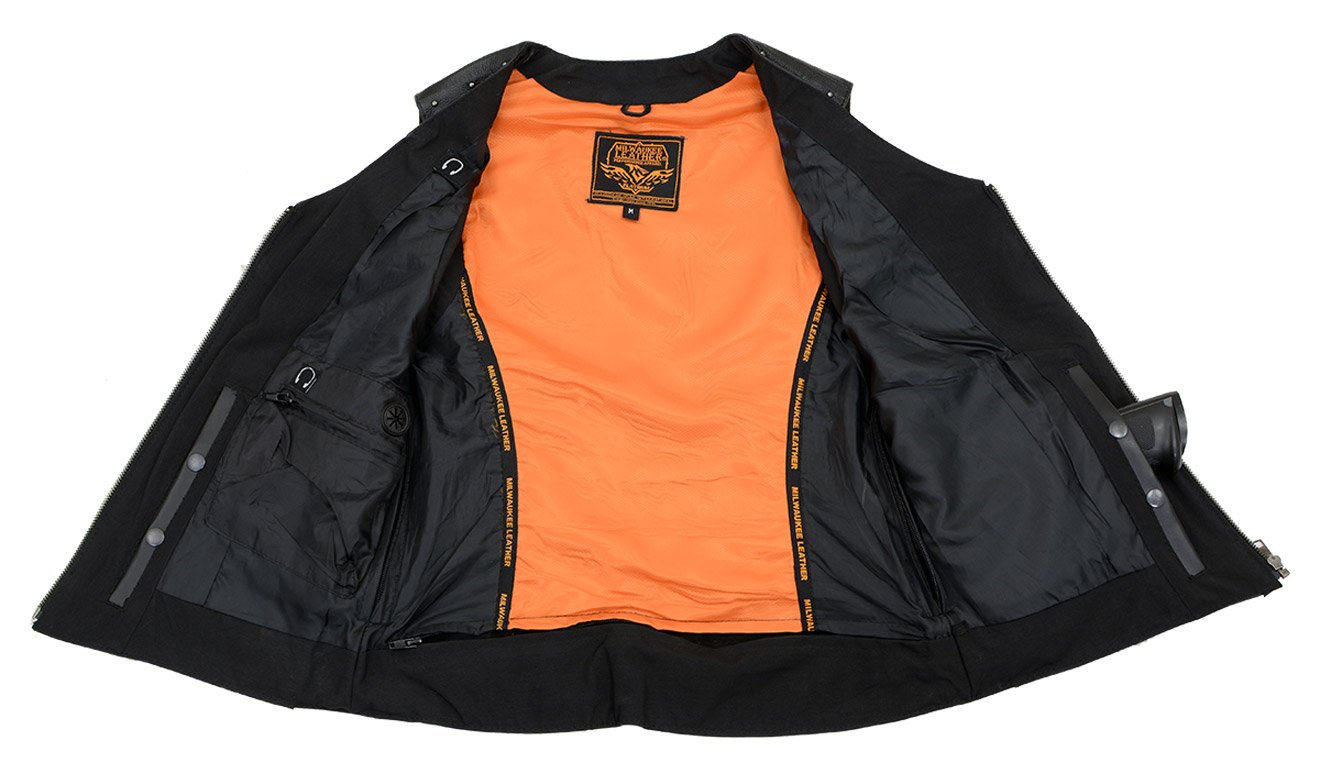 MLL4504 Women's Classic Black Leather V-Neck Riveted Motorcycle Rider Vest with Side Lace