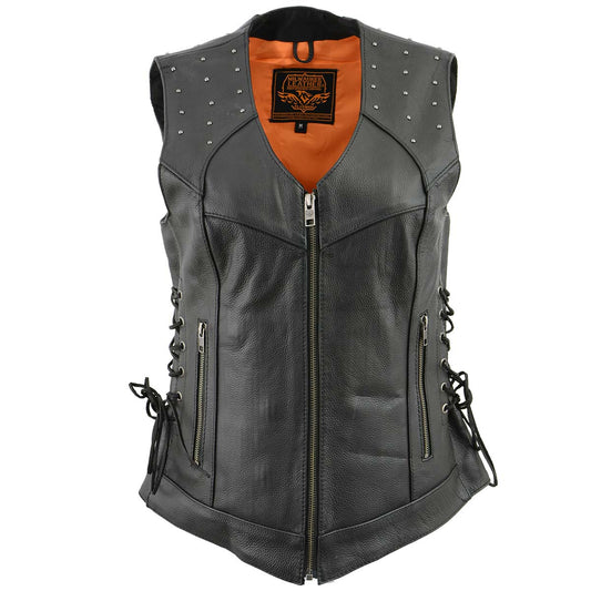 MLL4504 Women's Classic Black Leather V-Neck Riveted Motorcycle Rider Vest with Side Lace