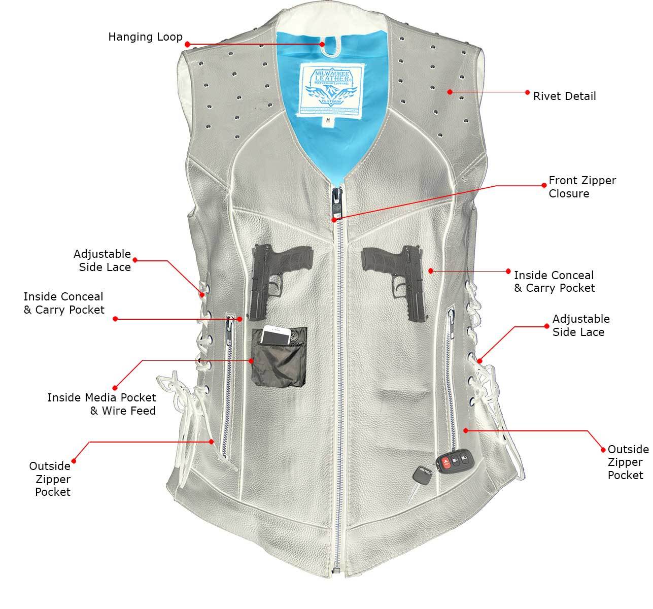 MLL4504 Women's Classic Black Leather V-Neck Riveted Motorcycle Rider Vest with Side Lace