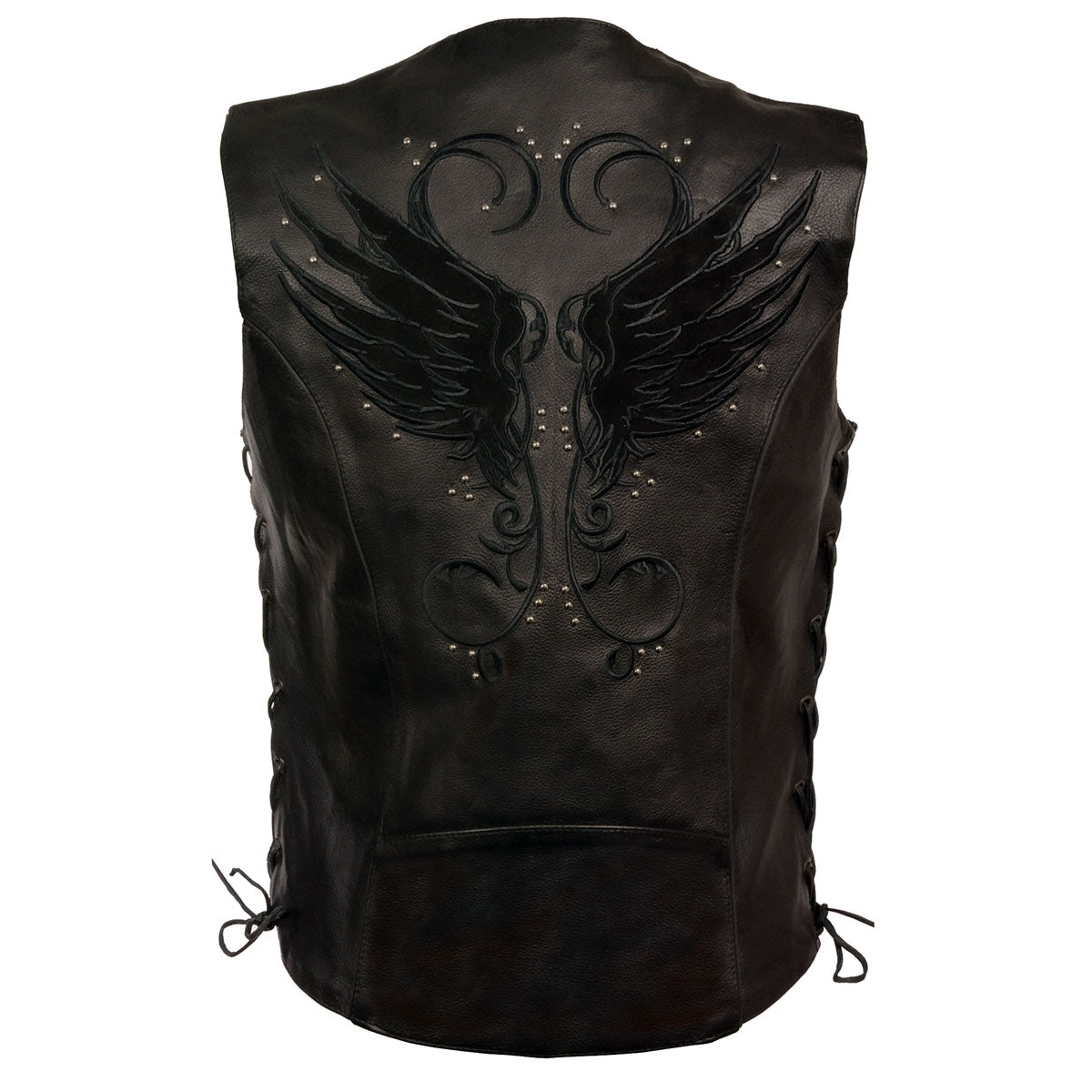 MLL4505 Women's Black Leather Side Lace Motorcycle Rider Vest- Reflective and Studded Black Wings