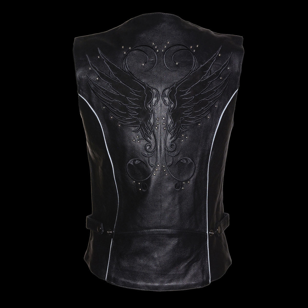 MLL4505 Women's Black Leather Side Lace Motorcycle Rider Vest- Reflective and Studded Black Wings