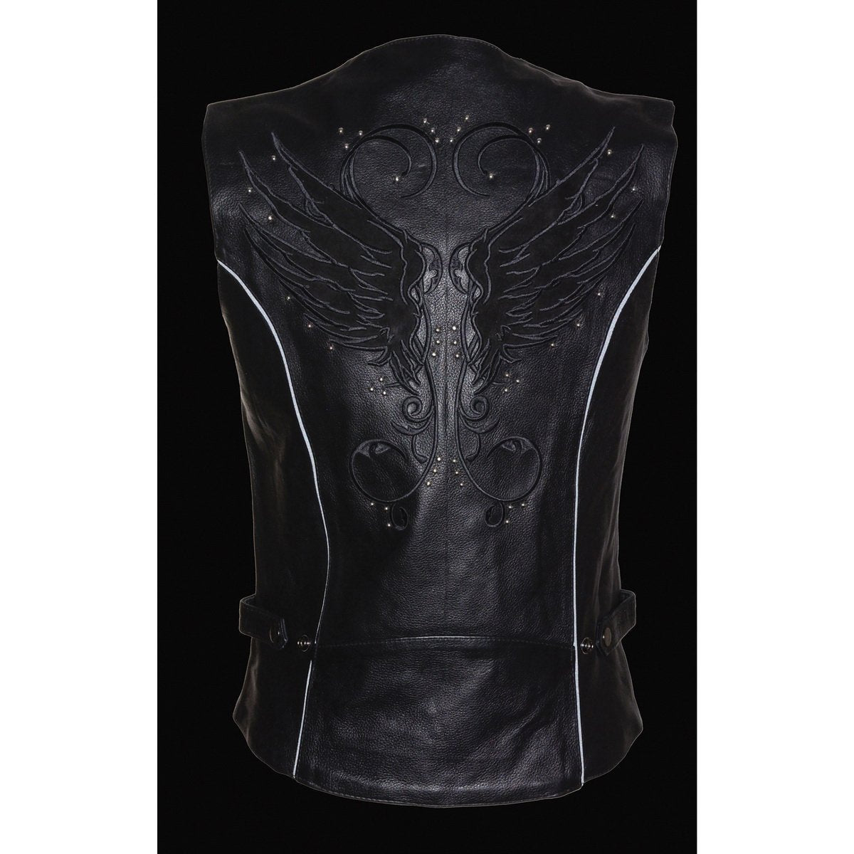 MLL4505 Women's Black Leather Side Lace Motorcycle Rider Vest- Reflective and Studded Black Wings