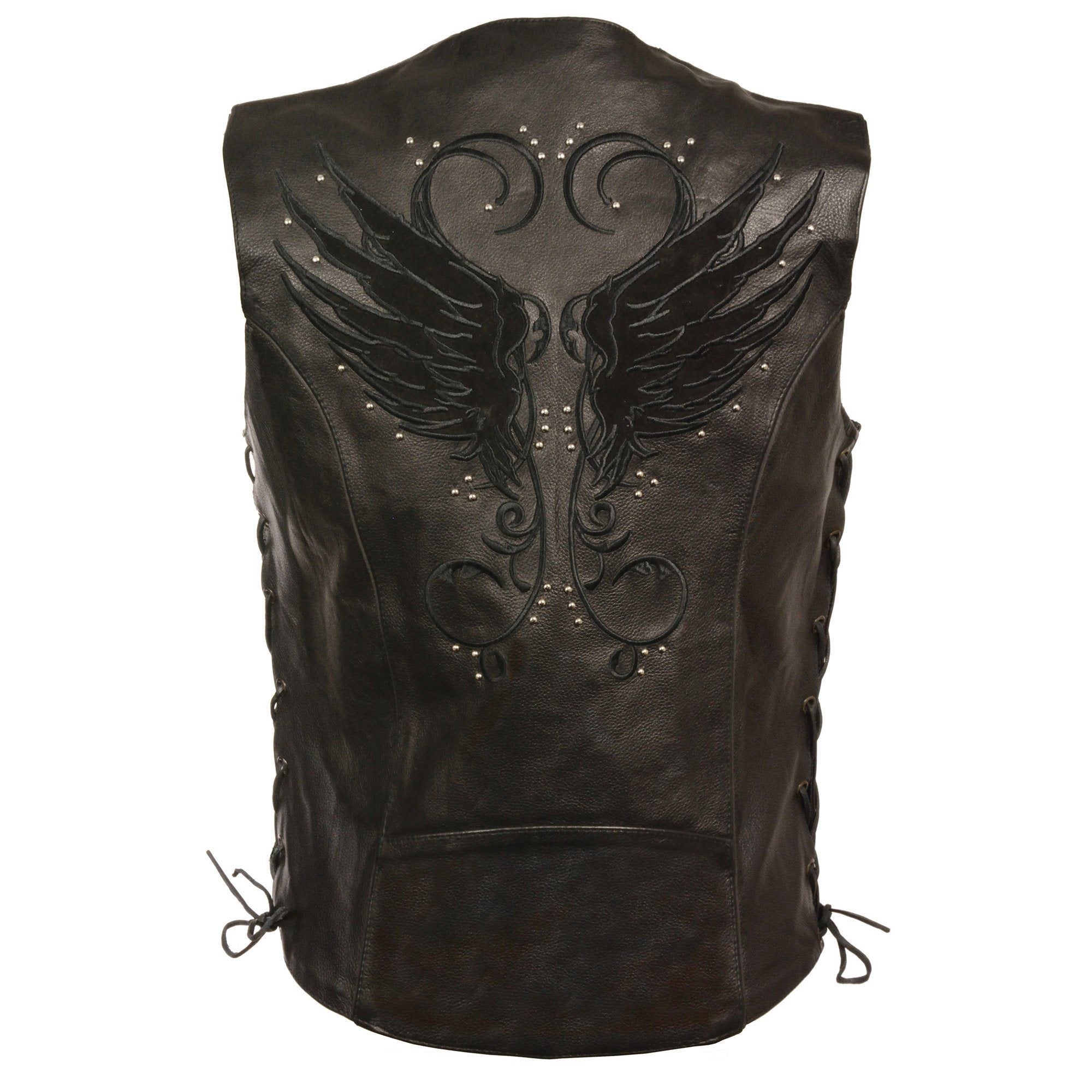 MLL4505 Women's Black Leather Side Lace Motorcycle Rider Vest- Reflective and Studded Black Wings