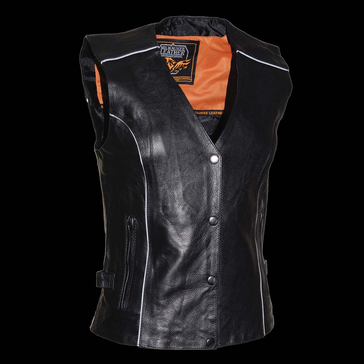 MLL4505 Women's Black Leather Side Lace Motorcycle Rider Vest- Reflective and Studded Black Wings