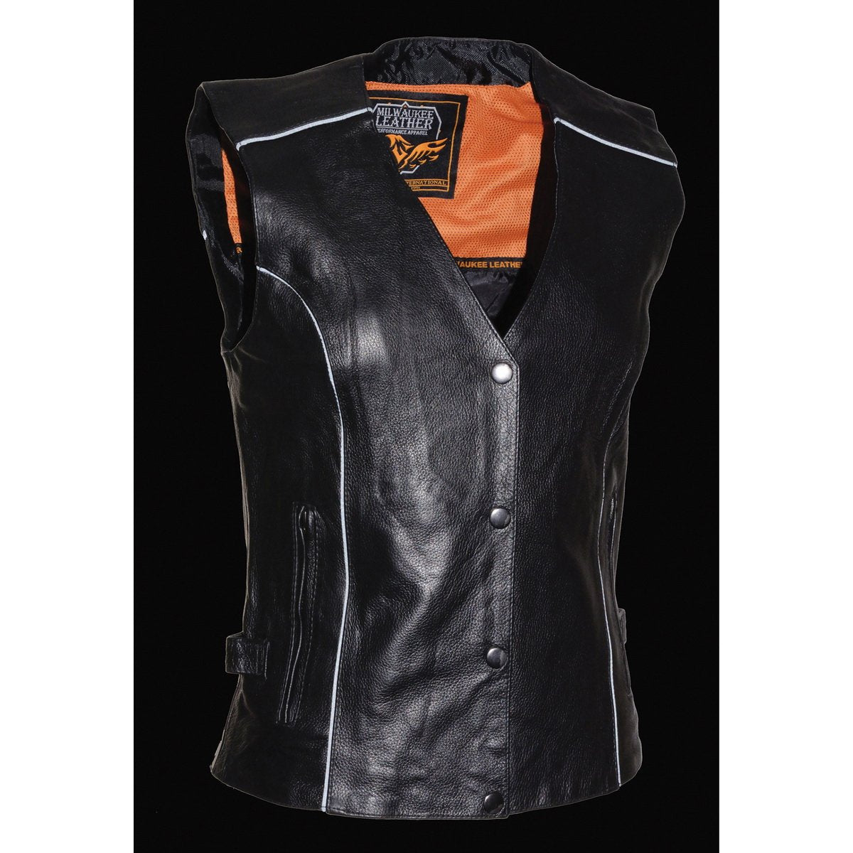 MLL4505 Women's Black Leather Side Lace Motorcycle Rider Vest- Reflective and Studded Black Wings