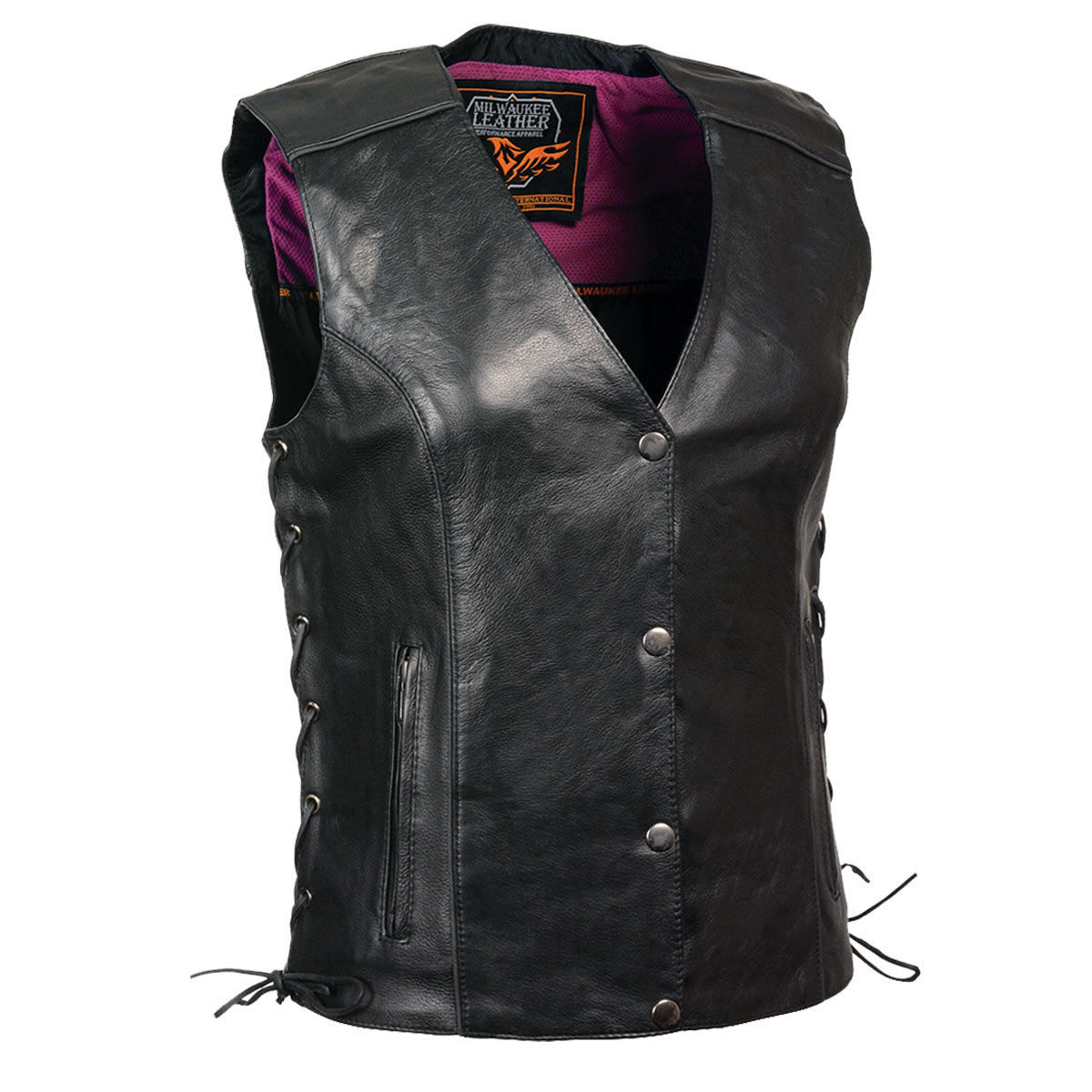 MLL4505 Women's Black Leather Side Lace Motorcycle Rider Vest- Reflective and Studded Pink Wings