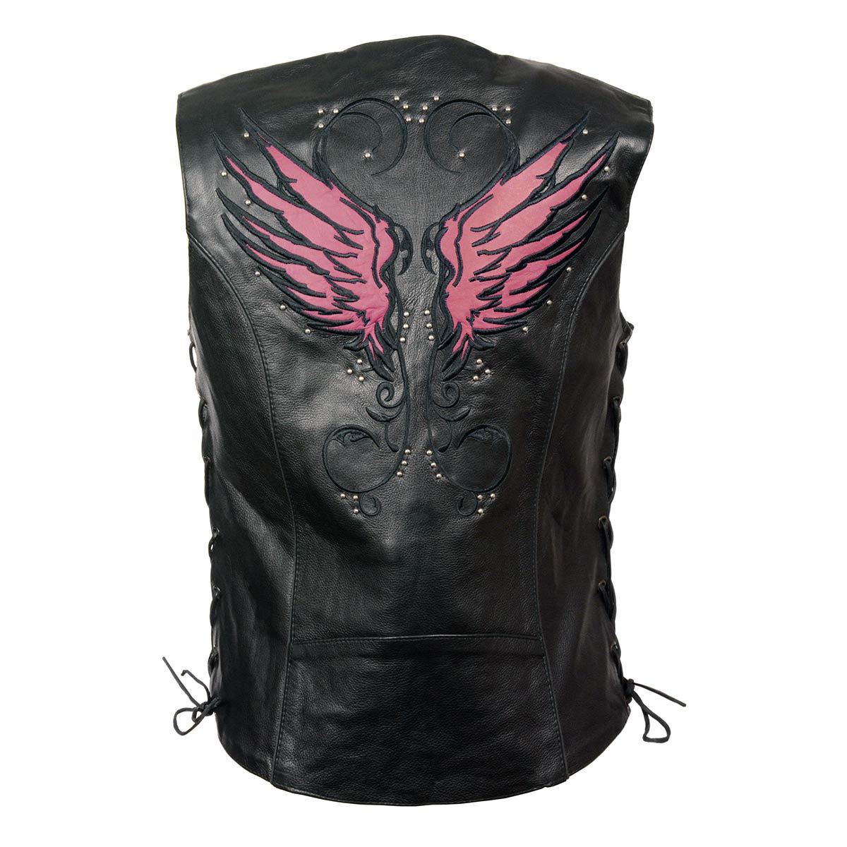 MLL4505 Women's Black Leather Side Lace Motorcycle Rider Vest- Reflective and Studded Pink Wings