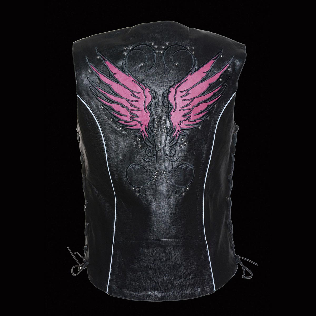 MLL4505 Women's Black Leather Side Lace Motorcycle Rider Vest- Reflective and Studded Pink Wings