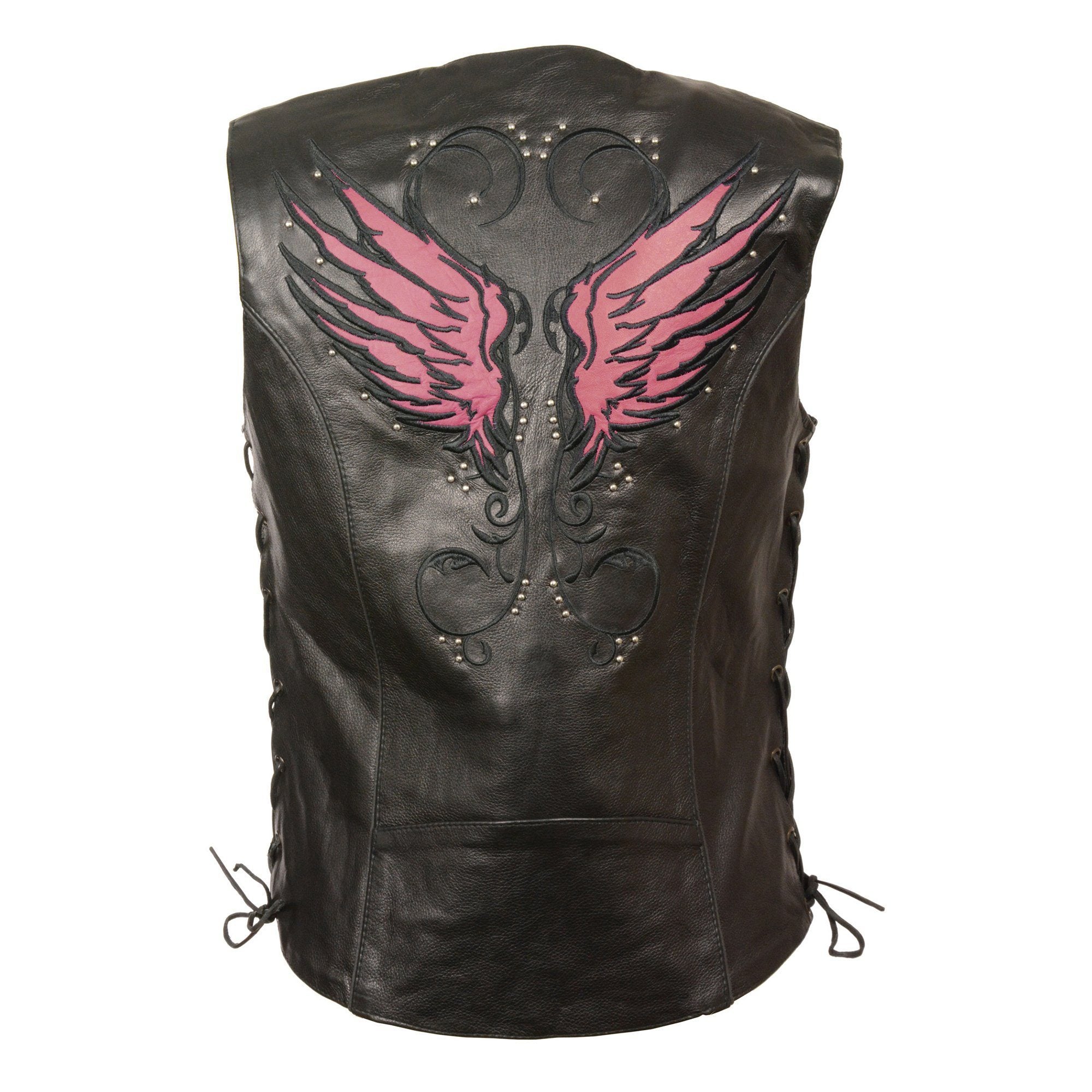 MLL4505 Women's Black Leather Side Lace Motorcycle Rider Vest- Reflective and Studded Pink Wings