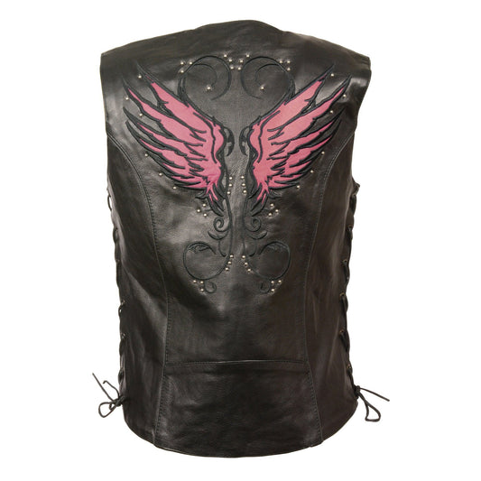 MLL4505 Women's Black Leather Side Lace Motorcycle Rider Vest- Reflective and Studded Pink Wings