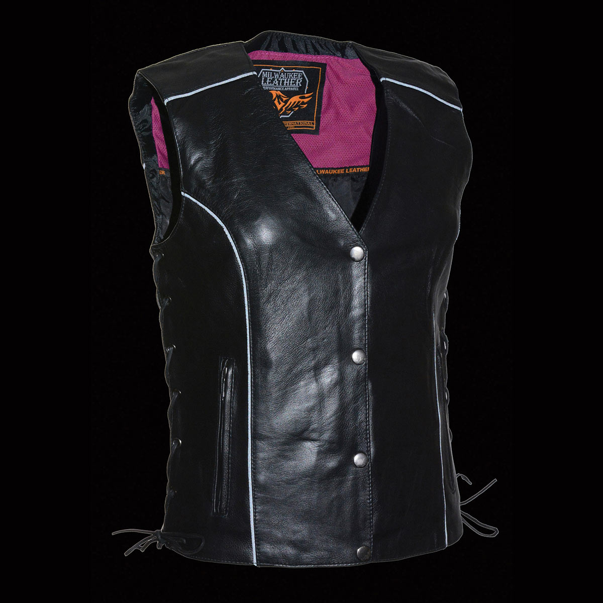MLL4505 Women's Black Leather Side Lace Motorcycle Rider Vest- Reflective and Studded Pink Wings