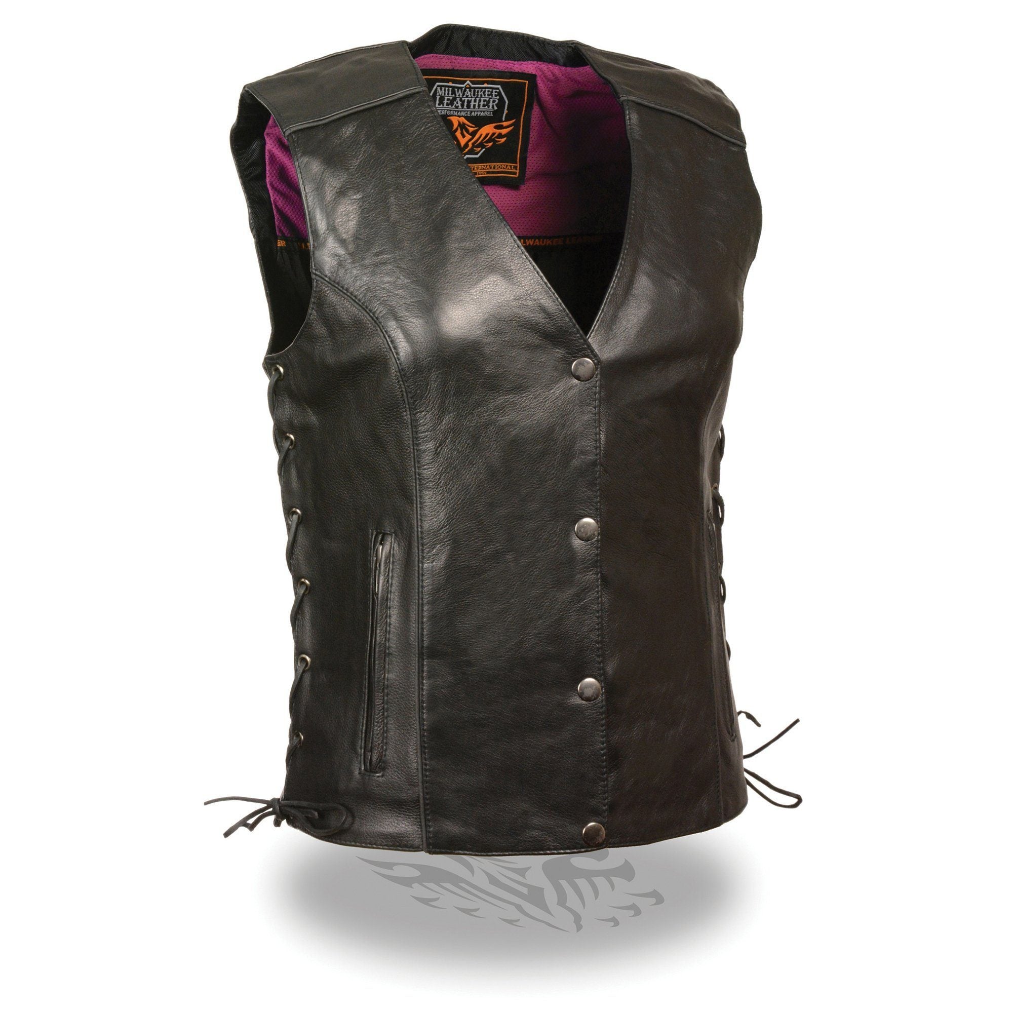 MLL4505 Women's Black Leather Side Lace Motorcycle Rider Vest- Reflective and Studded Pink Wings