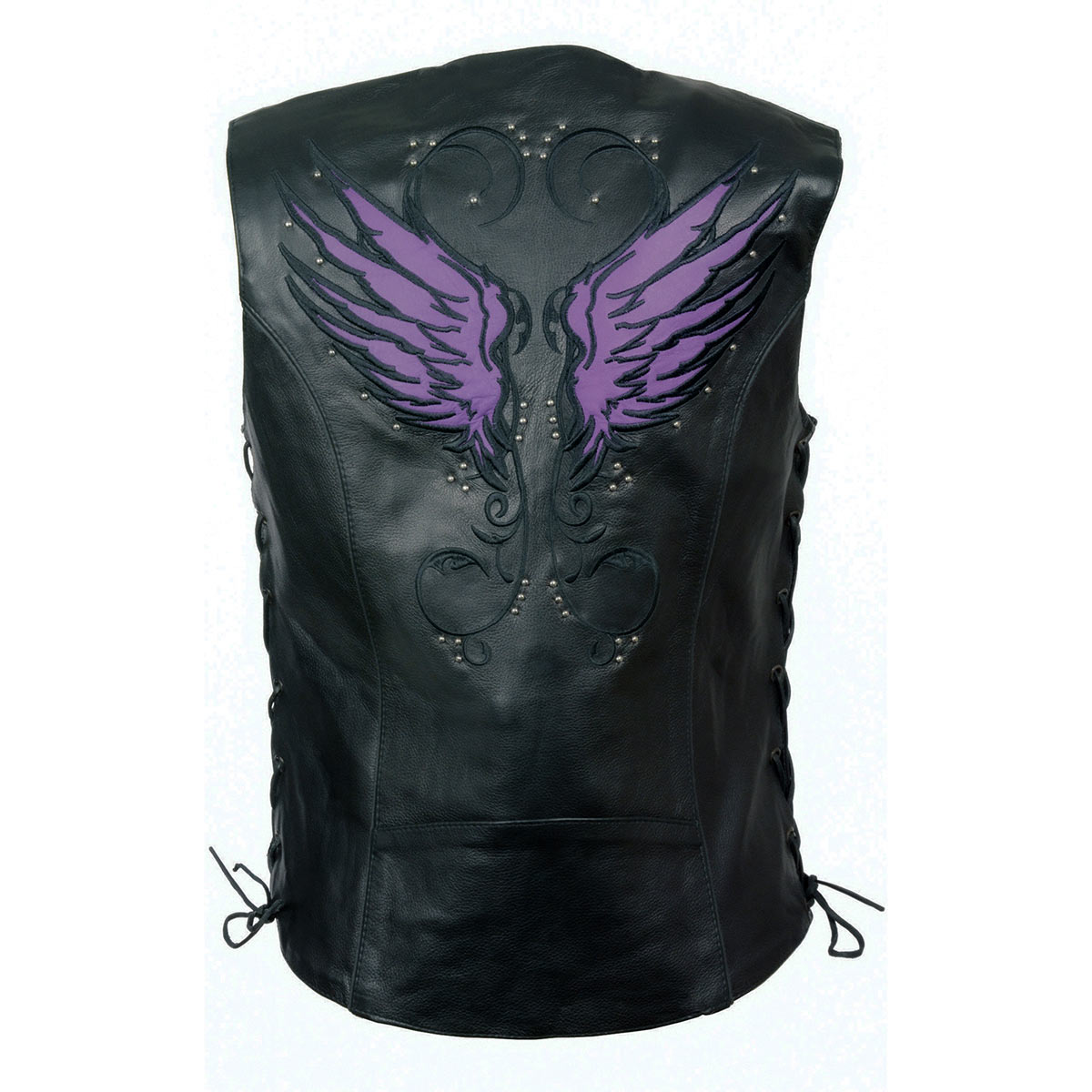 MLL4505 Women's Black Leather Side Lace Motorcycle Rider Vest-Reflective and Studded Purple Wings