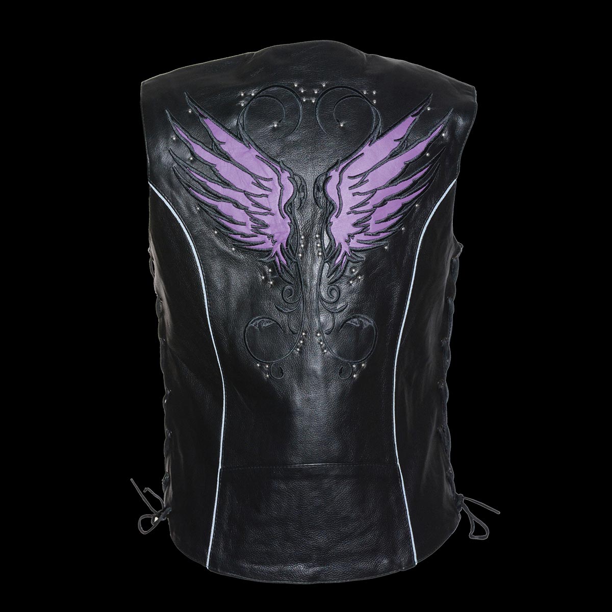 MLL4505 Women's Black Leather Side Lace Motorcycle Rider Vest-Reflective and Studded Purple Wings