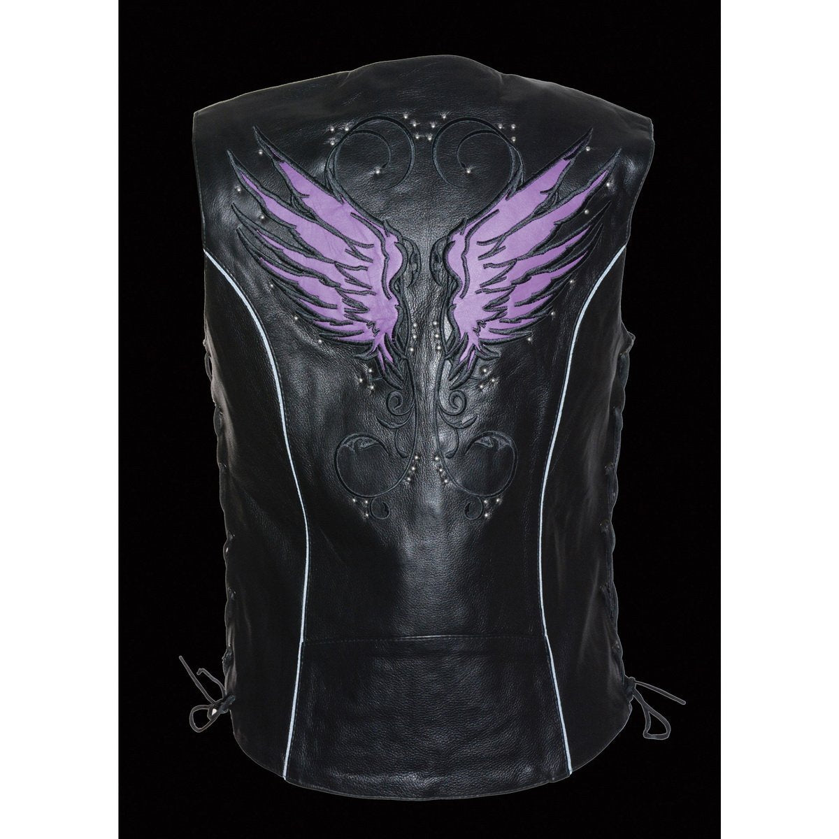 MLL4505 Women's Black Leather Side Lace Motorcycle Rider Vest-Reflective and Studded Purple Wings