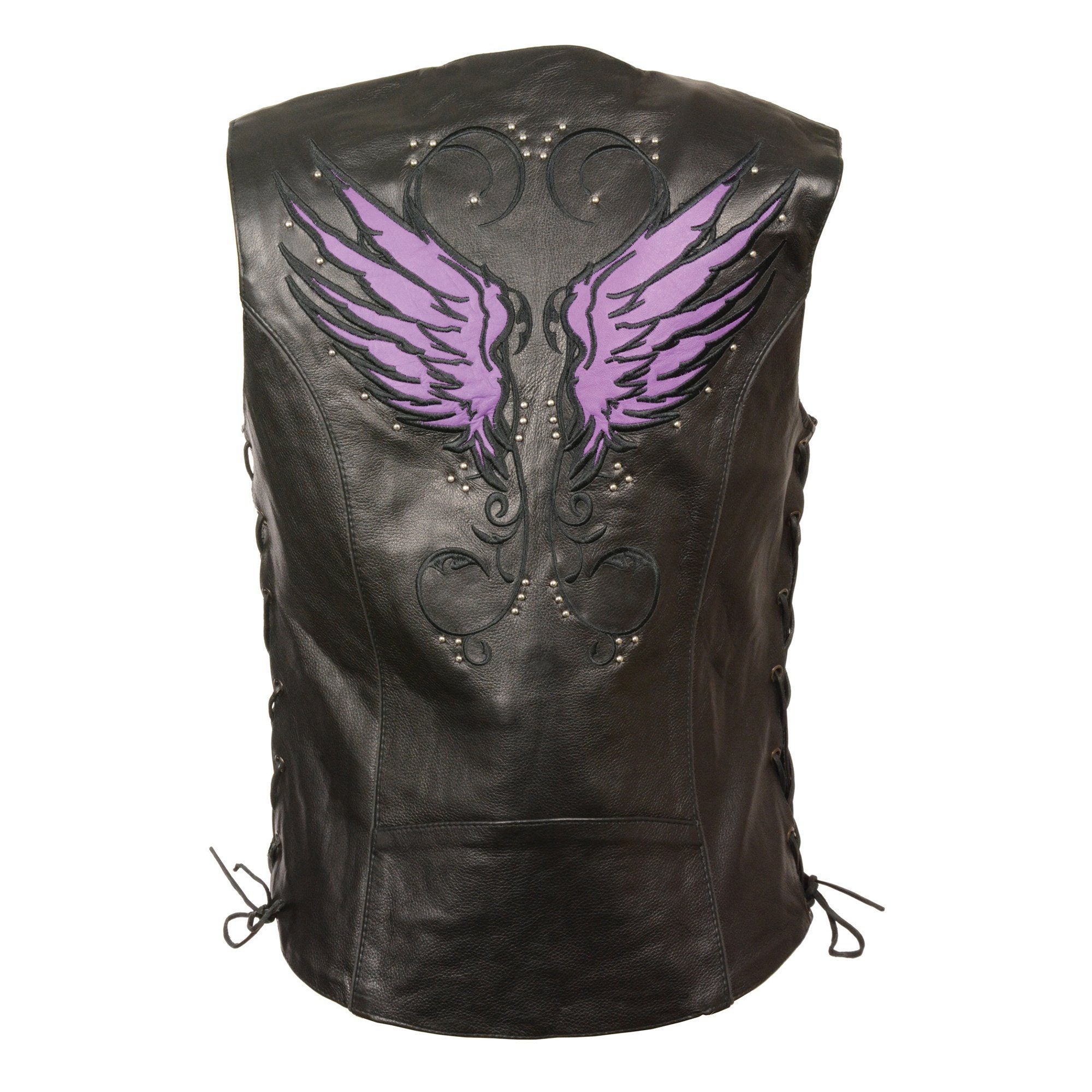 MLL4505 Women's Black Leather Side Lace Motorcycle Rider Vest-Reflective and Studded Purple Wings