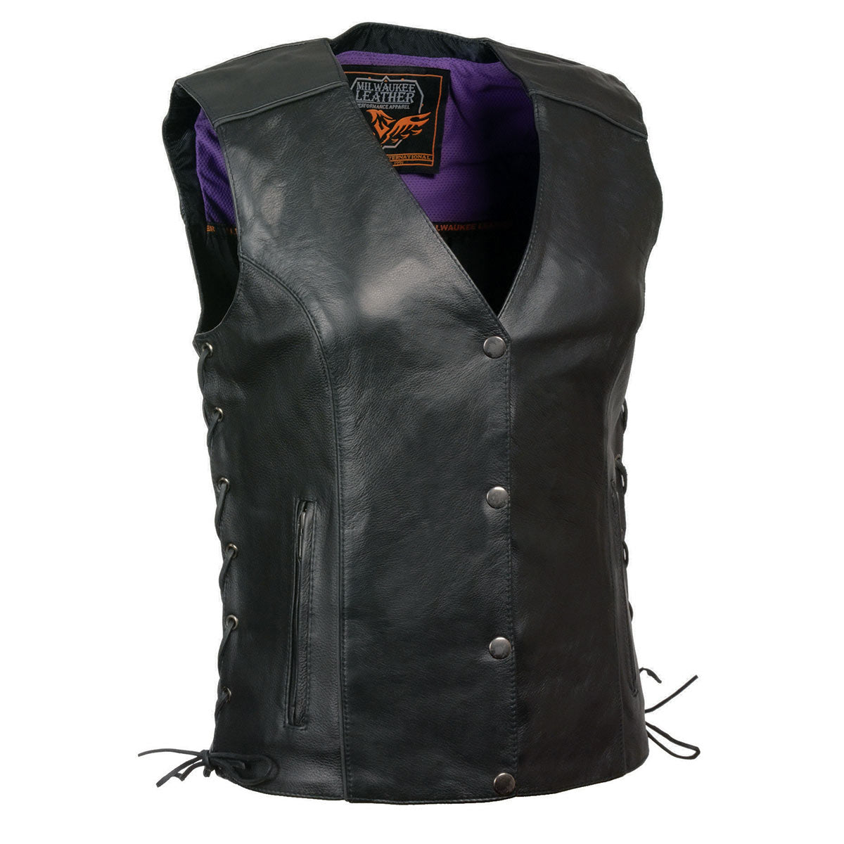 MLL4505 Women's Black Leather Side Lace Motorcycle Rider Vest-Reflective and Studded Purple Wings