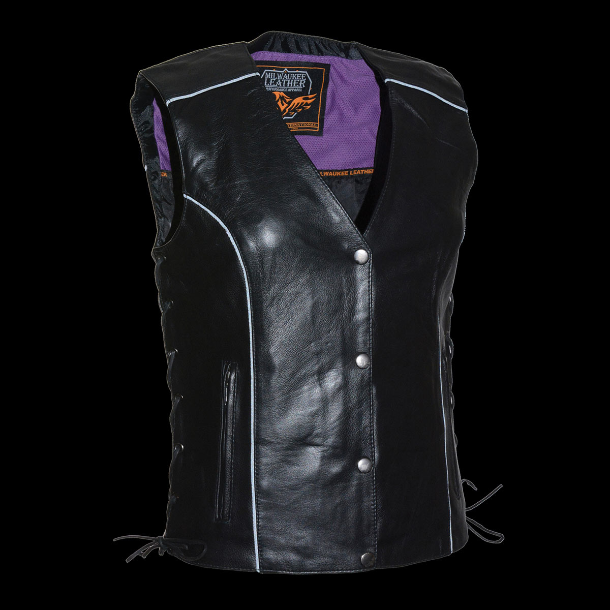 MLL4505 Women's Black Leather Side Lace Motorcycle Rider Vest-Reflective and Studded Purple Wings