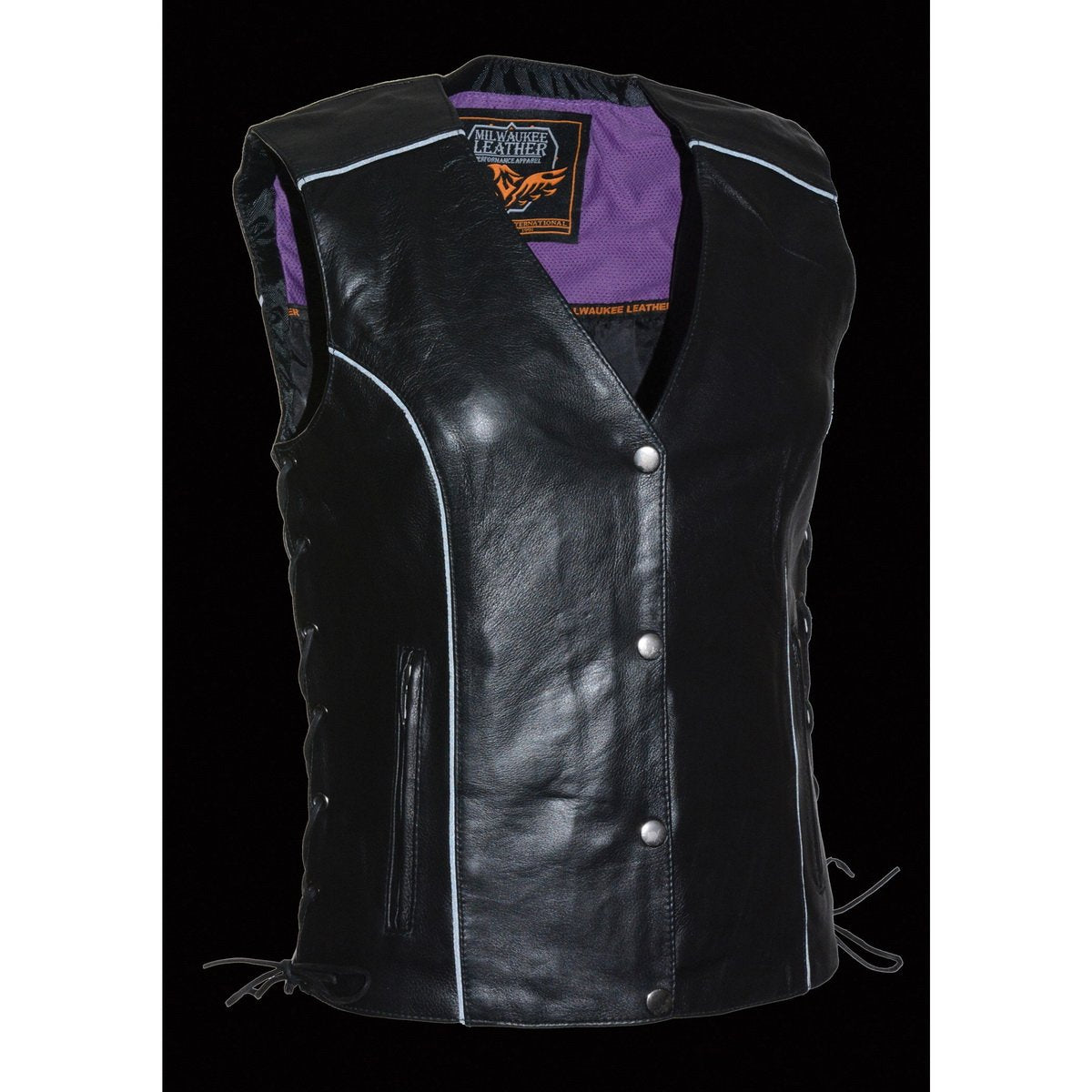 MLL4505 Women's Black Leather Side Lace Motorcycle Rider Vest-Reflective and Studded Purple Wings