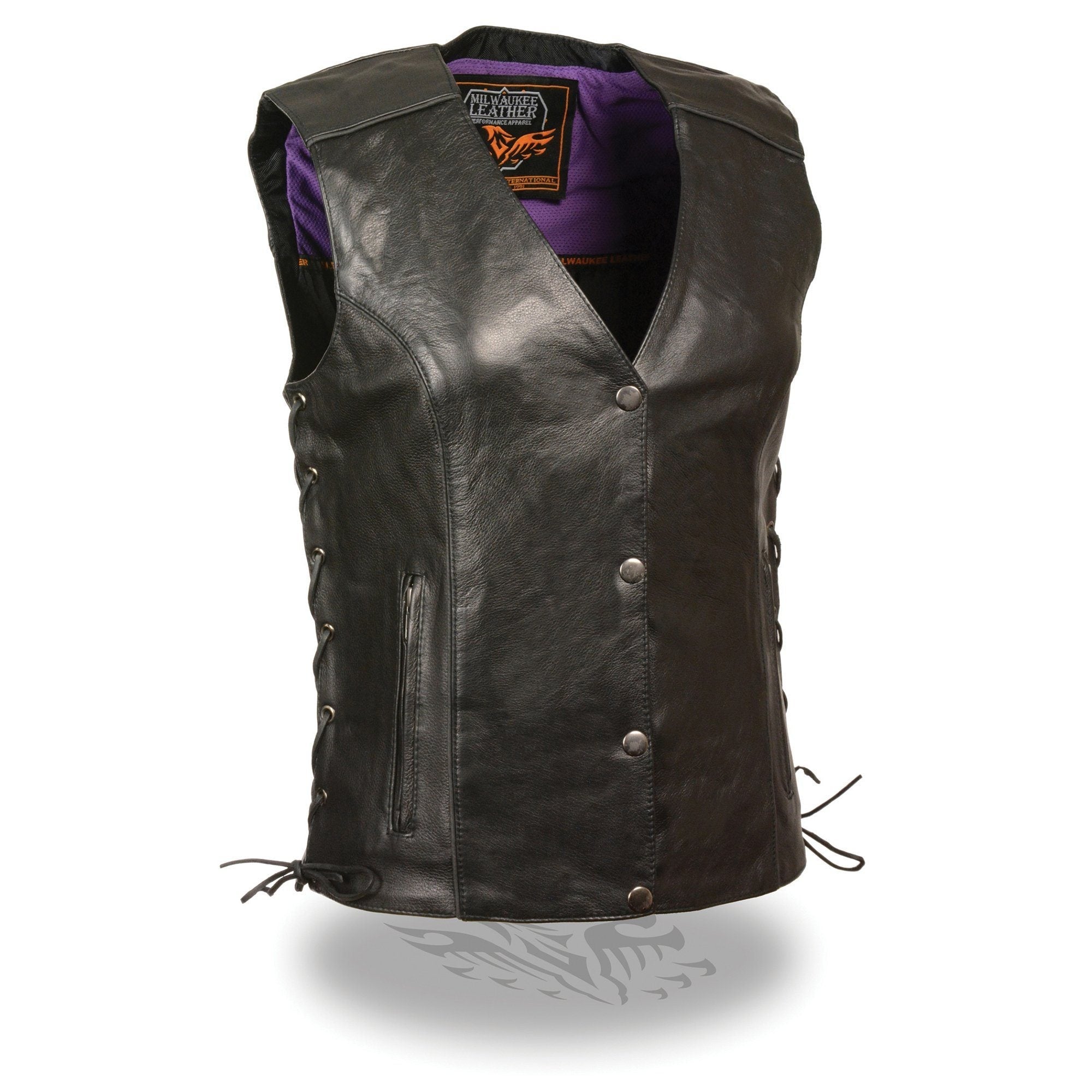 MLL4505 Women's Black Leather Side Lace Motorcycle Rider Vest-Reflective and Studded Purple Wings