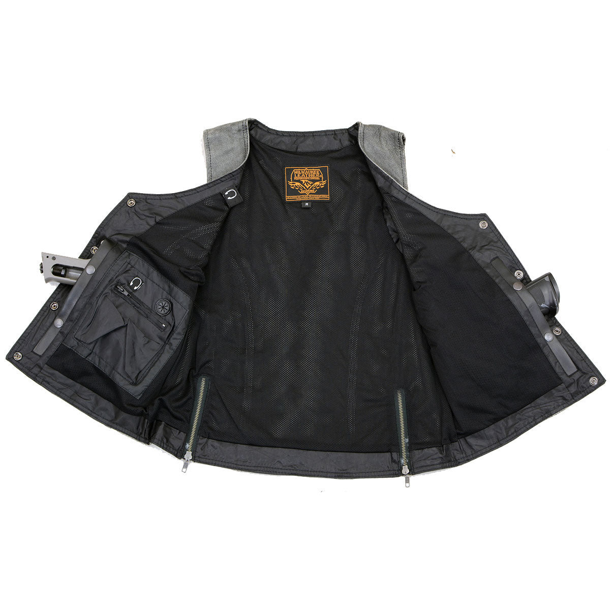 MLL4506 Women's Grey Leather Vintage Slate Snap Front Vest with Racing Stripes