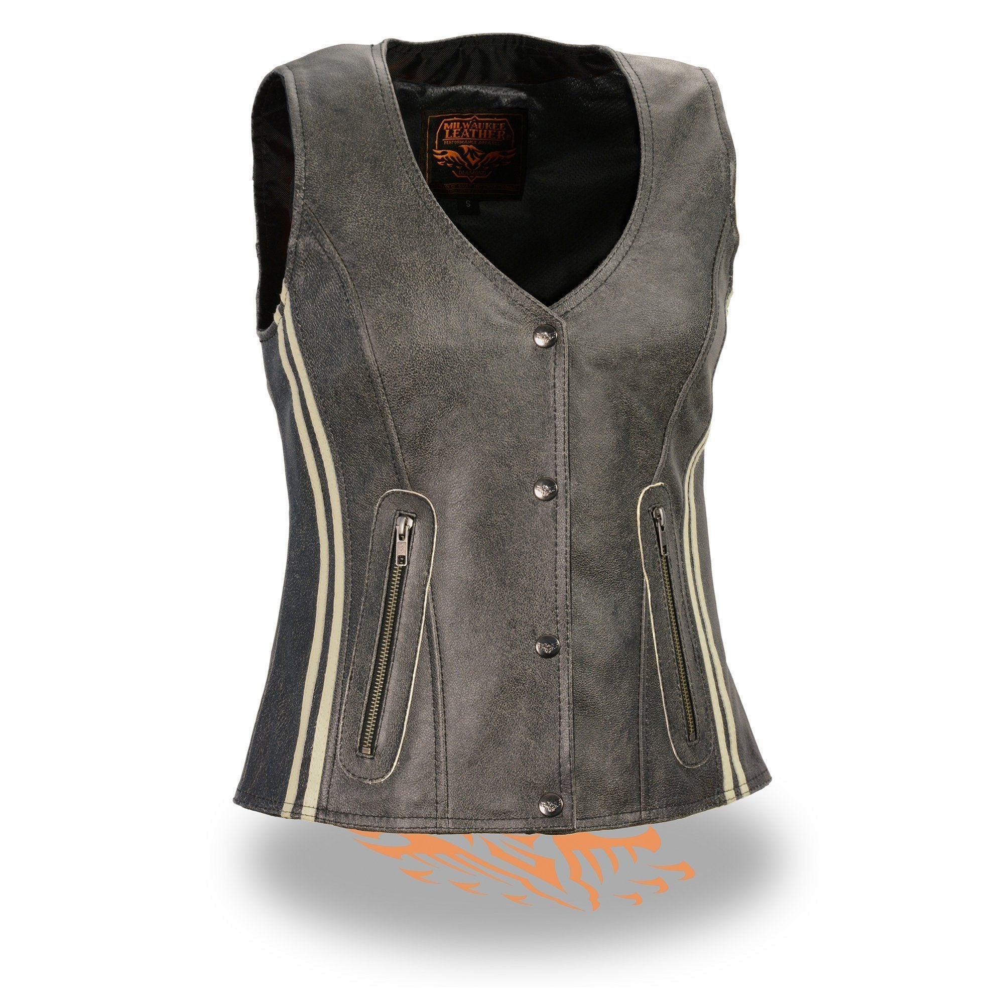MLL4506 Women's Grey Leather Vintage Slate Snap Front Vest with Racing Stripes