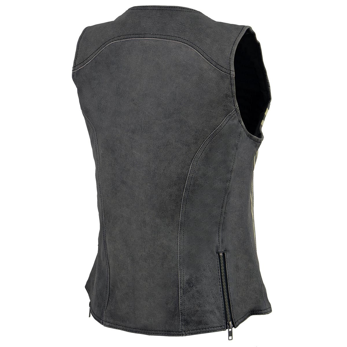 MLL4506 Women's Grey Leather Vintage Slate Snap Front Vest with Racing Stripes