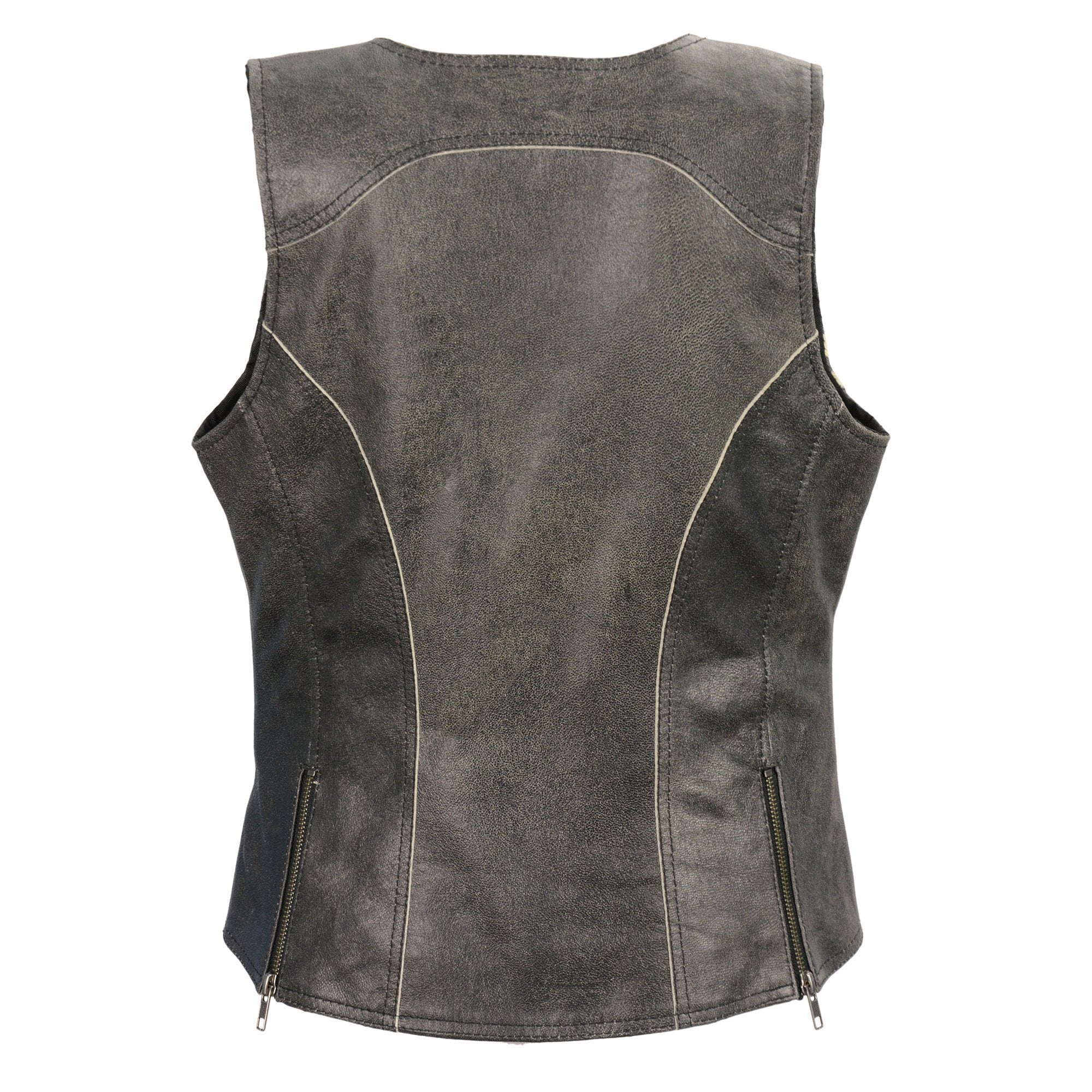 MLL4506 Women's Grey Leather Vintage Slate Snap Front Vest with Racing Stripes