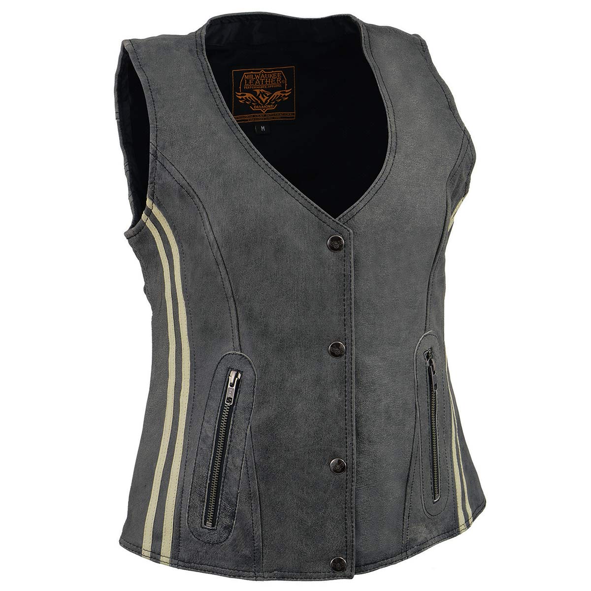 MLL4506 Women's Grey Leather Vintage Slate Snap Front Vest with Racing Stripes
