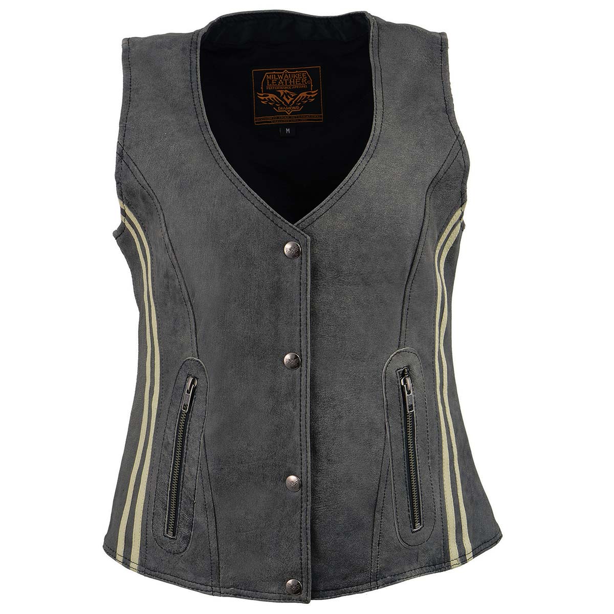 MLL4506 Women's Grey Leather Vintage Slate Snap Front Vest with Racing Stripes