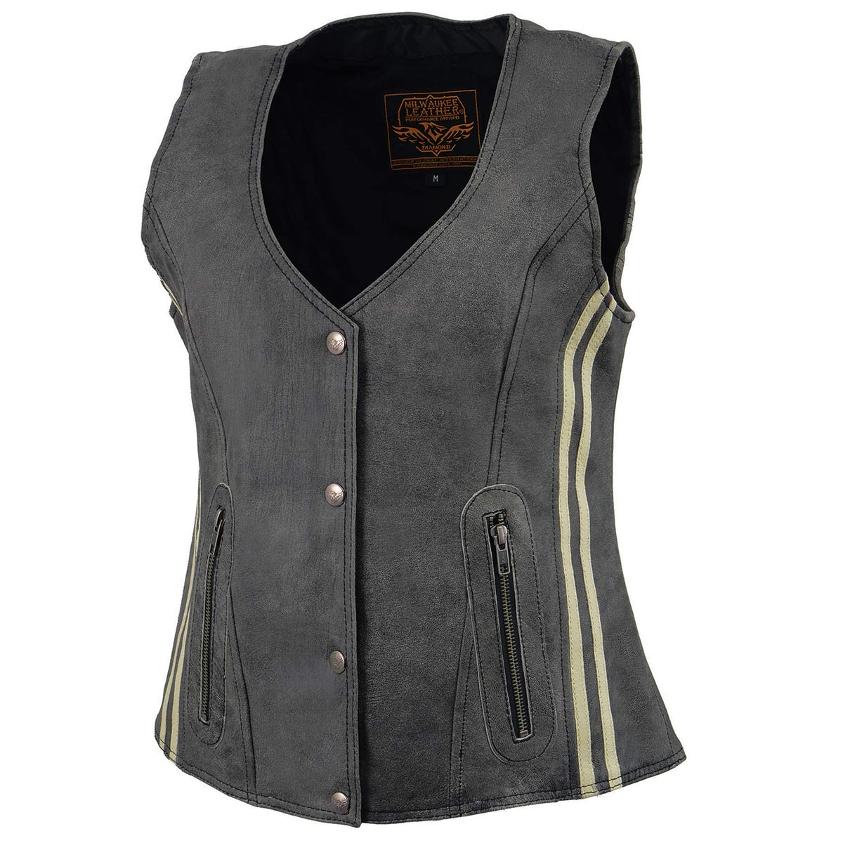 MLL4506 Women's Grey Leather Vintage Slate Snap Front Vest with Racing Stripes